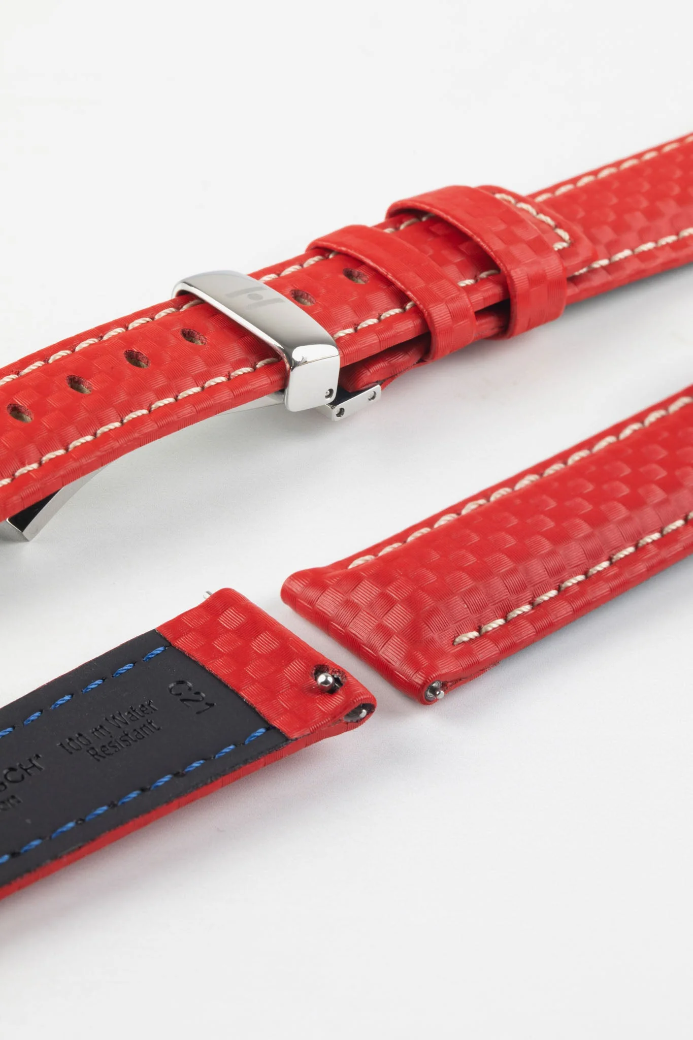Hirsch CARBON Embossed Water-Resistant Leather Watch Strap in RED - Image 10