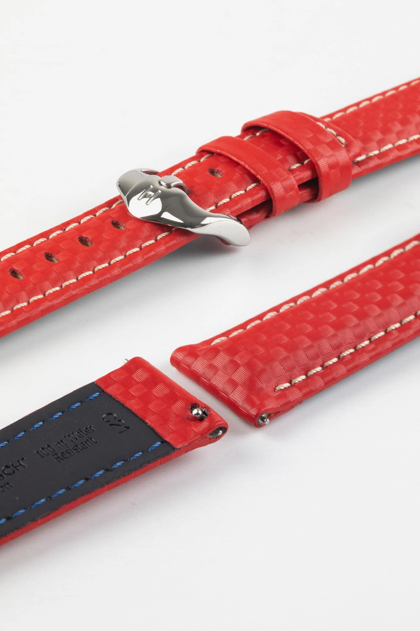 Hirsch CARBON Embossed Water-Resistant Leather Watch Strap in RED - Image 7
