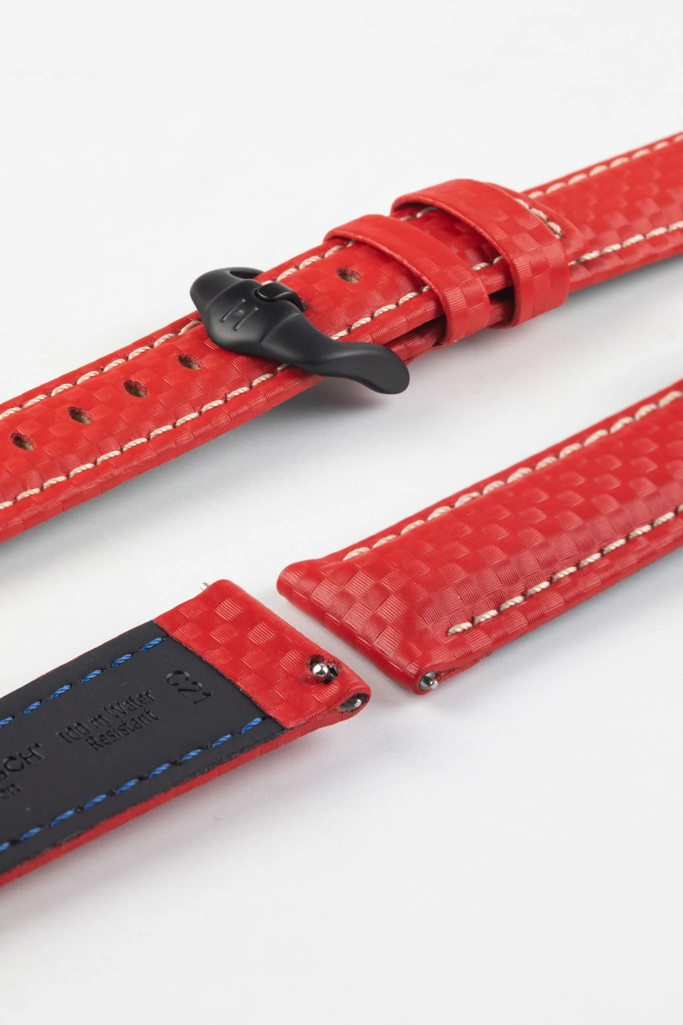 Hirsch CARBON Embossed Water-Resistant Leather Watch Strap in RED - Image 9