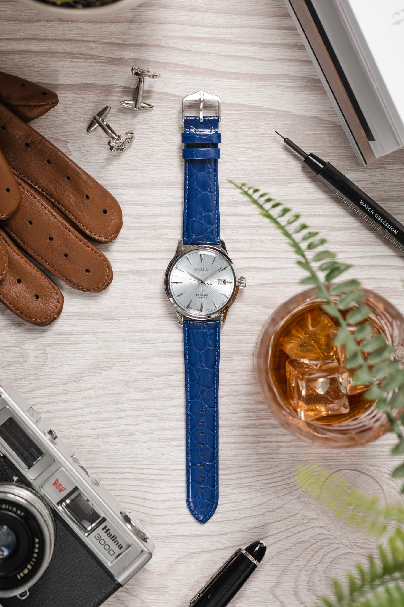 Hirsch CROCOGRAIN Crocodile Embossed Leather Watch Strap in MIDNIGHT BLUE - Image 6