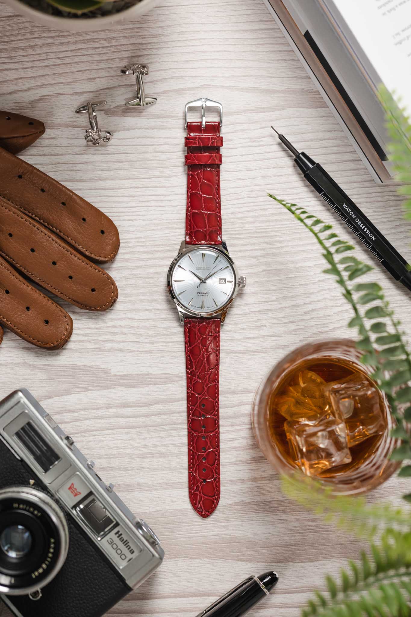 Hirsch CROCOGRAIN Crocodile Embossed Leather Watch Strap in BURGUNDY - Image 6