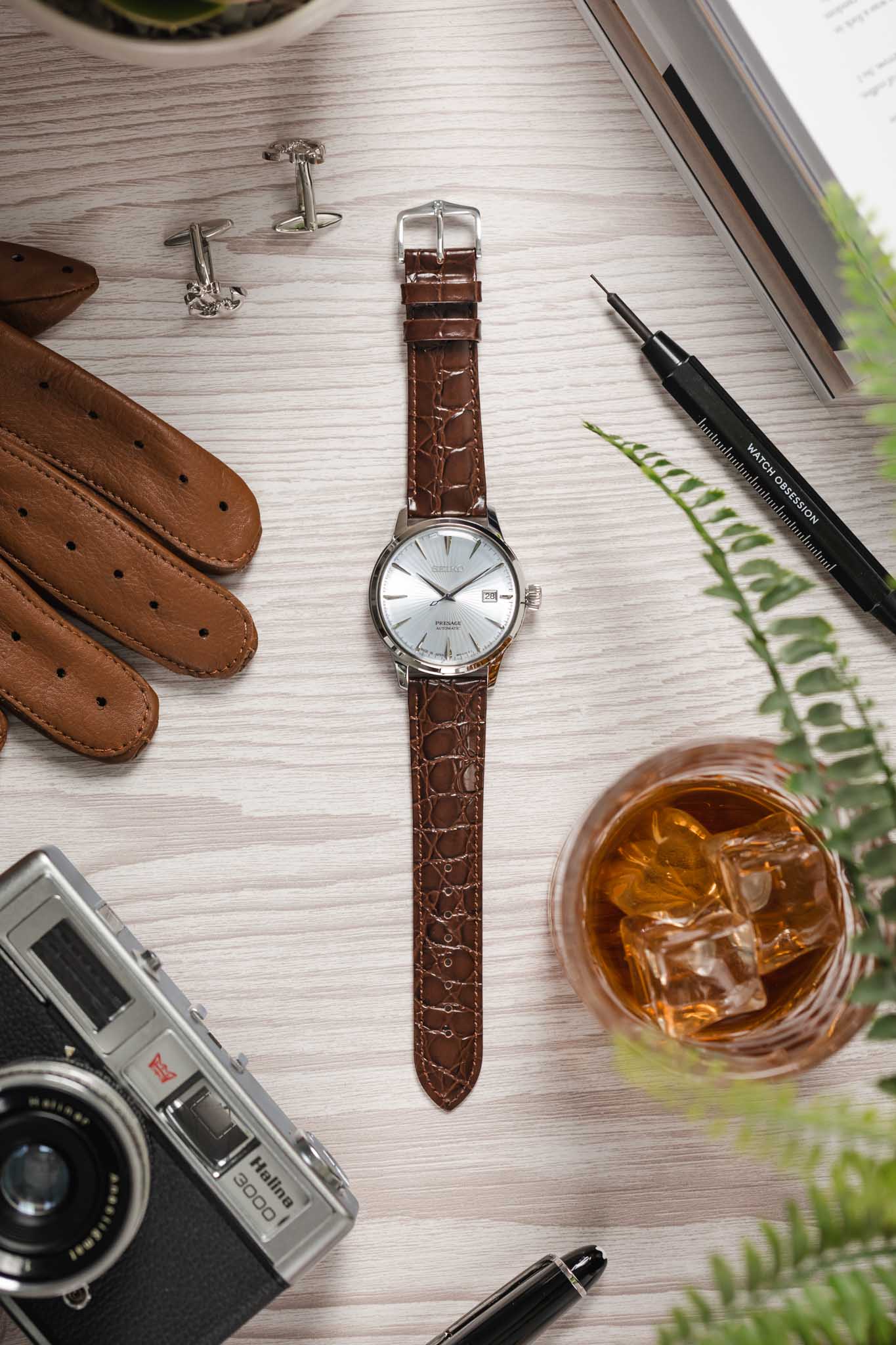 Hirsch CROCOGRAIN NQR Crocodile Embossed Leather Watch Strap in BROWN - Image 6