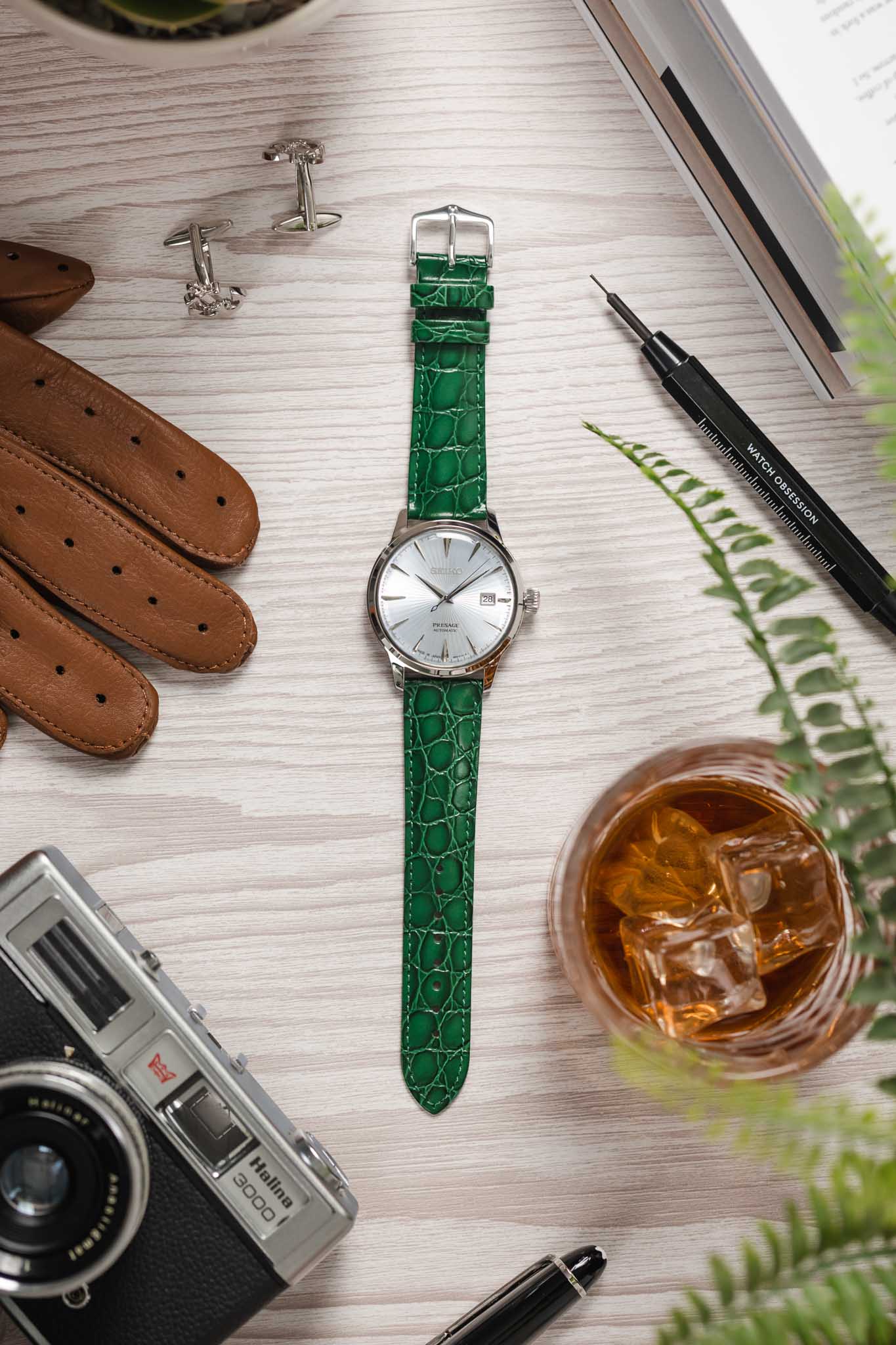Hirsch CROCOGRAIN NQR Crocodile Embossed Leather Watch Strap in GREEN - Image 6