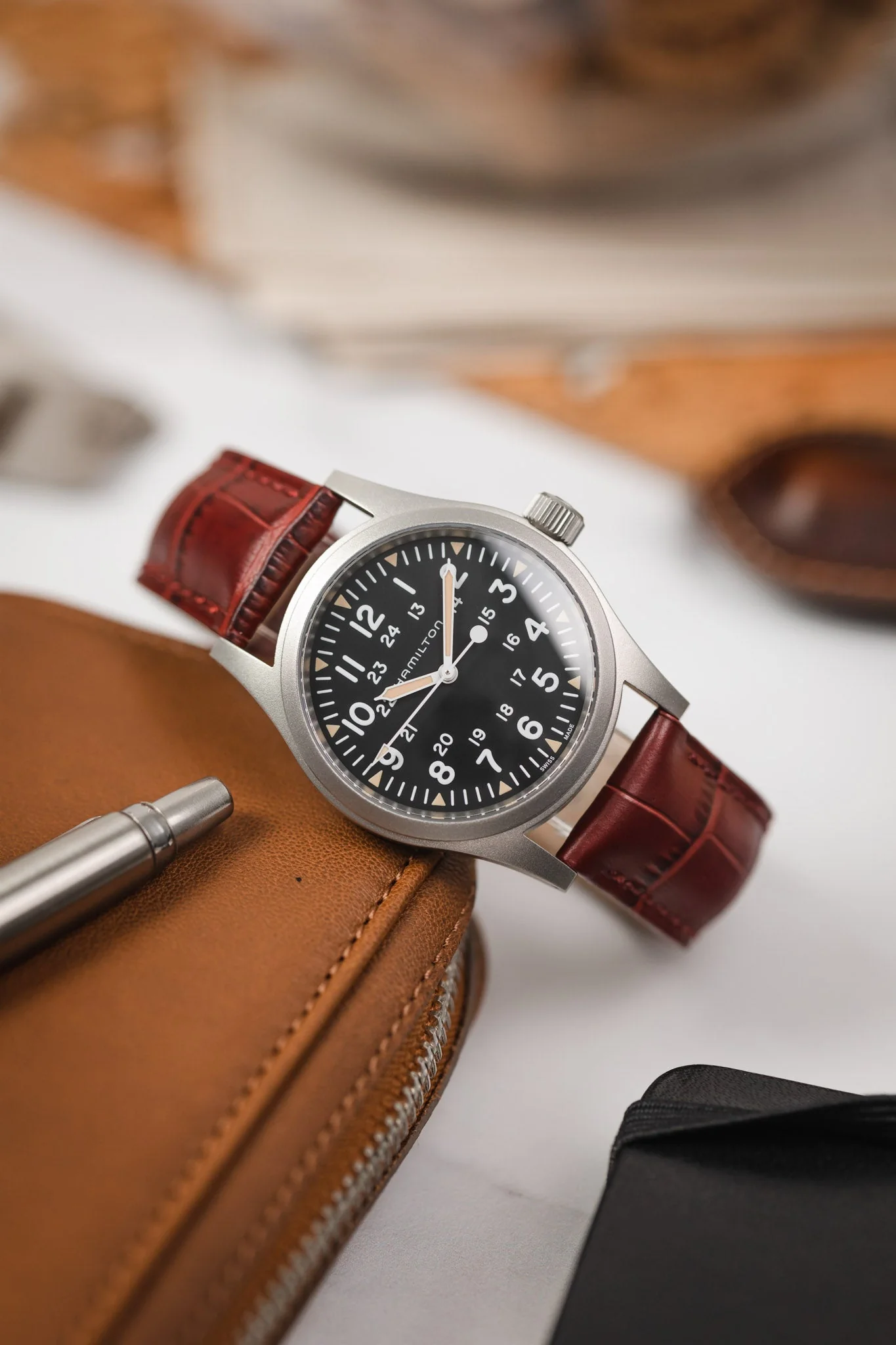 Hirsch DUKE Alligator Embossed Leather Watch Strap in BURGUNDY - Image 4