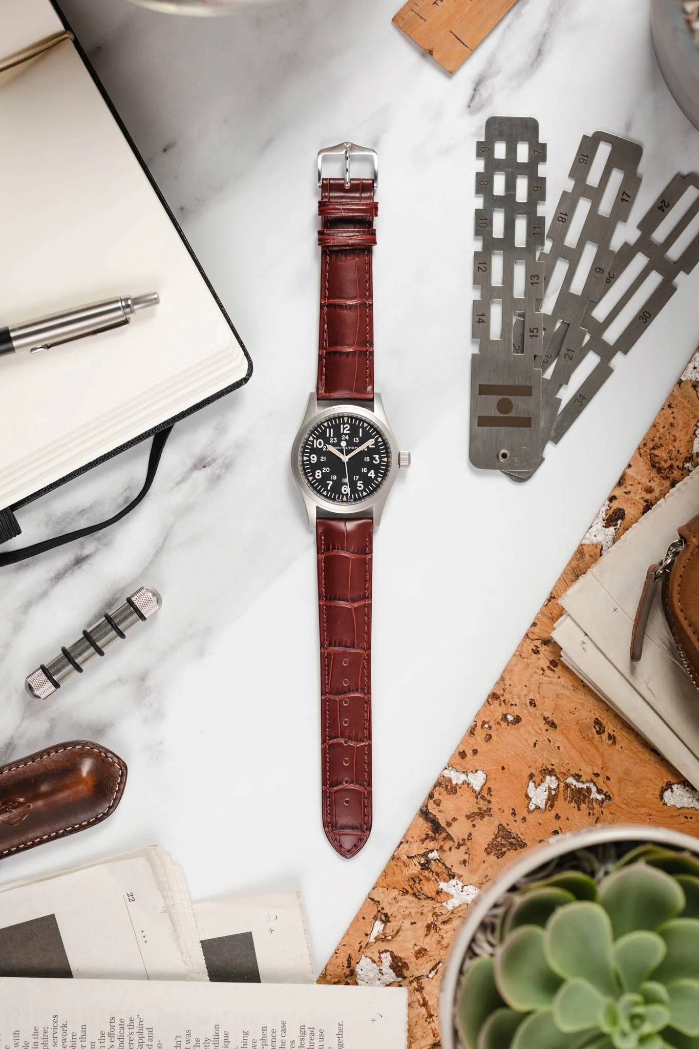Hirsch DUKE Alligator Embossed Leather Watch Strap in BURGUNDY - Image 6