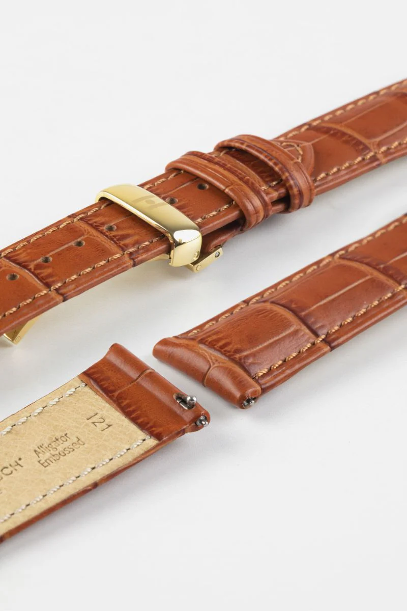 Hirsch DUKE Alligator Embossed Leather Watch Strap in HONEY - Image 10