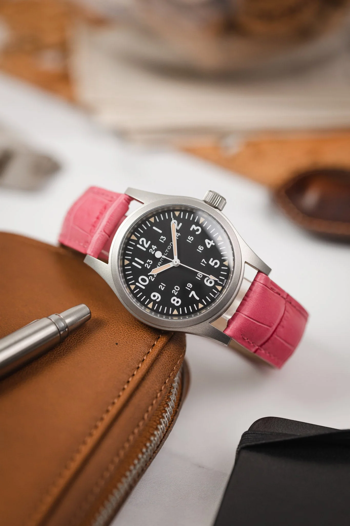 Hirsch DUKE Alligator Embossed Leather Watch Strap in PINK - Image 4