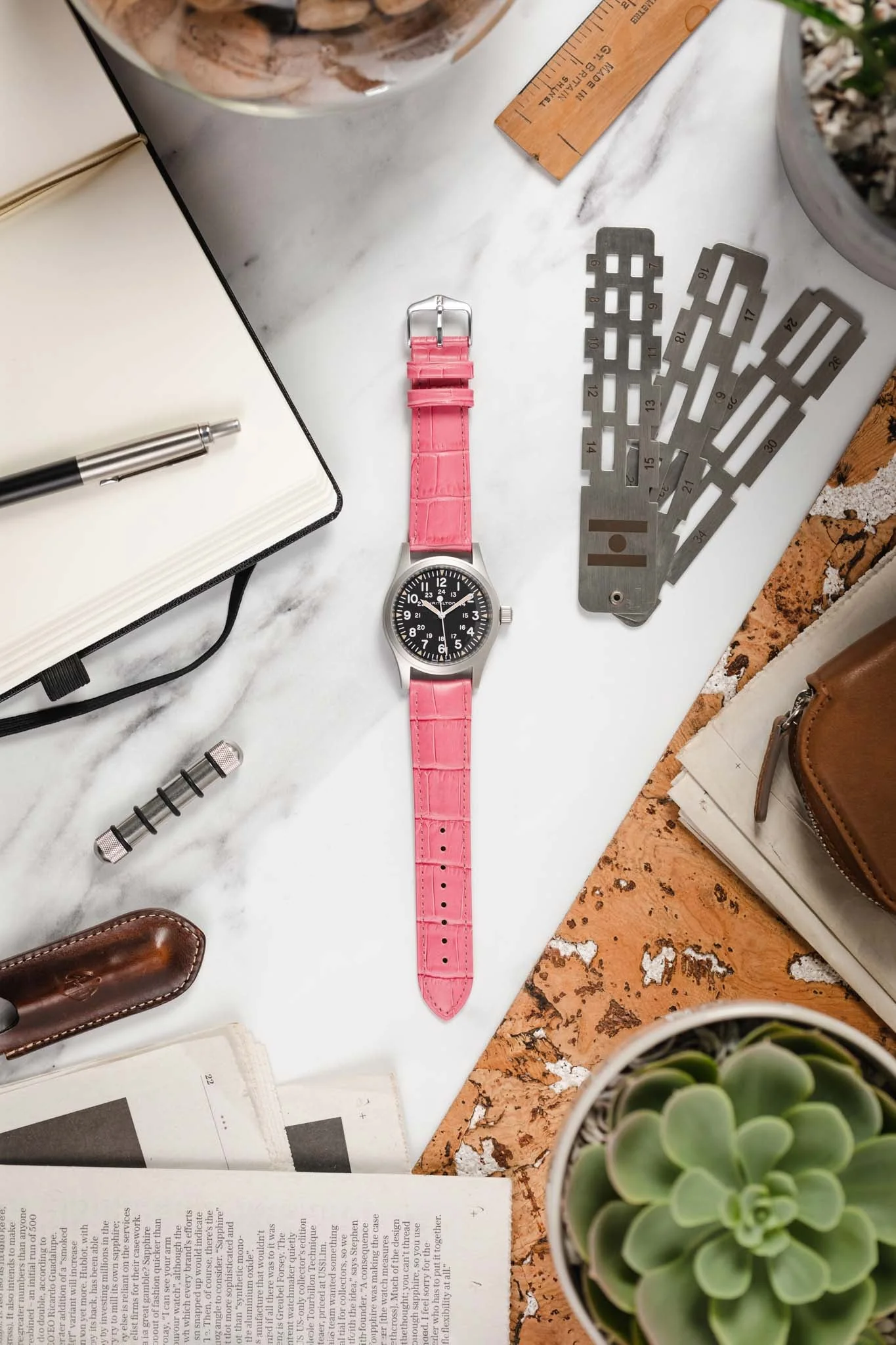 Hirsch DUKE Alligator Embossed Leather Watch Strap in PINK - Image 6