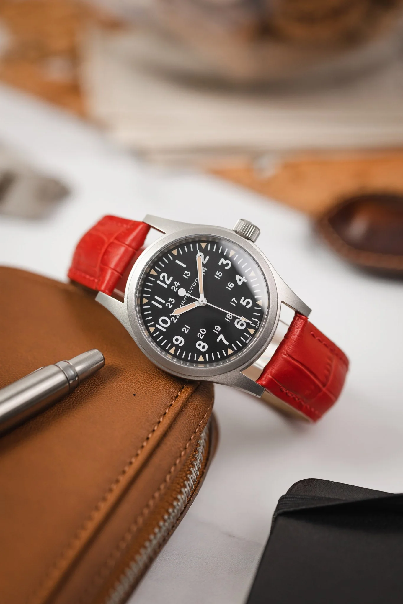 Hirsch DUKE Alligator Embossed Leather Watch Strap in RED - Image 4