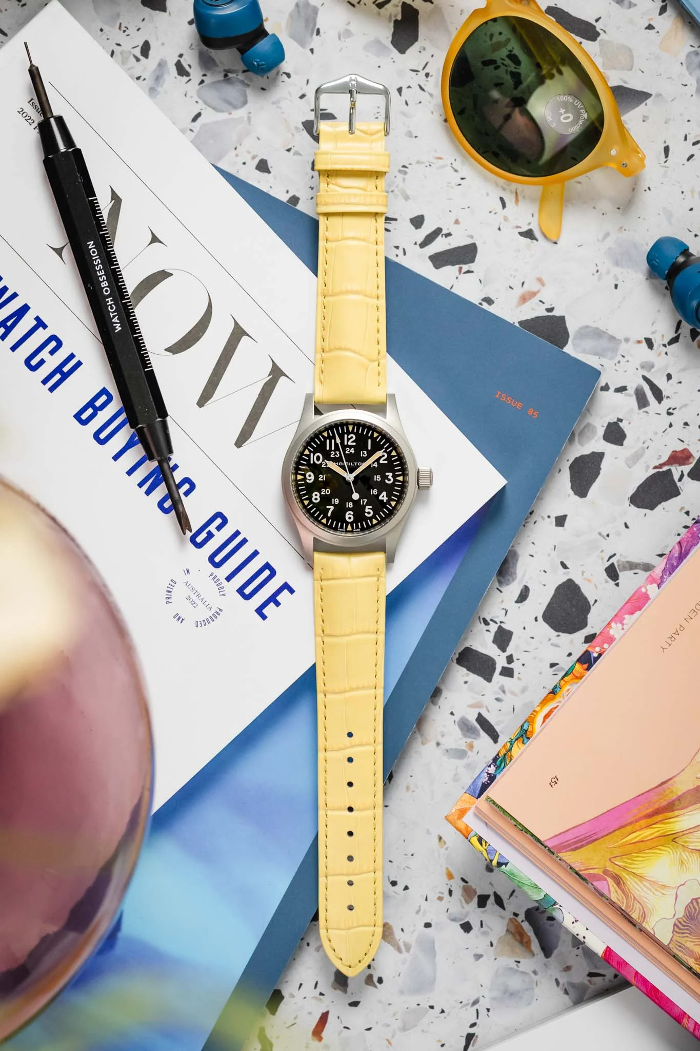Hirsch DUKE Alligator Embossed Leather Watch Strap in YELLOW - Image 11