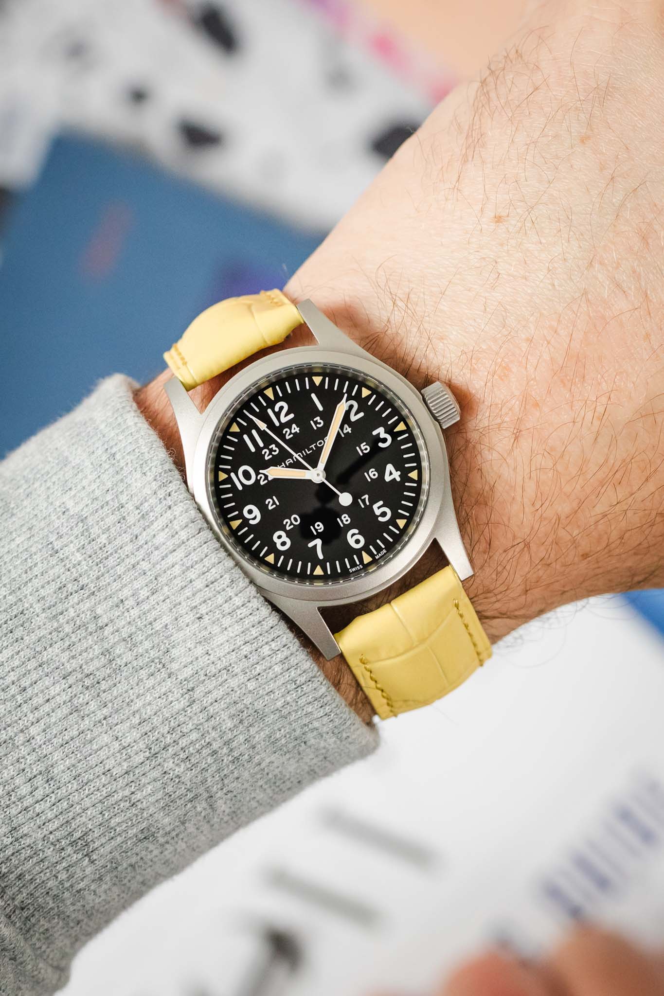 Hirsch DUKE Alligator Embossed Leather Watch Strap in YELLOW - Image 2