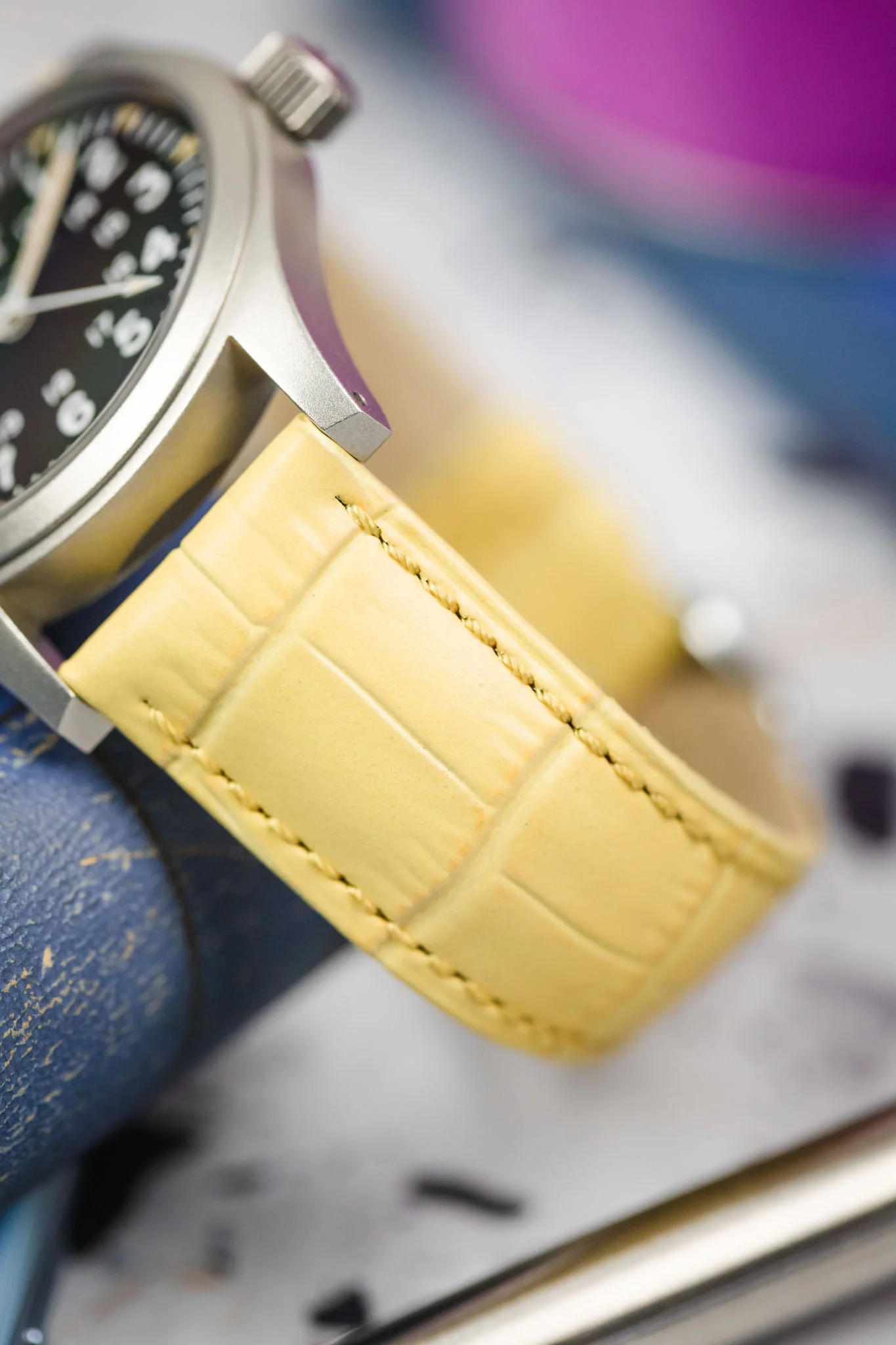 Hirsch DUKE Alligator Embossed Leather Watch Strap in YELLOW - Image 6