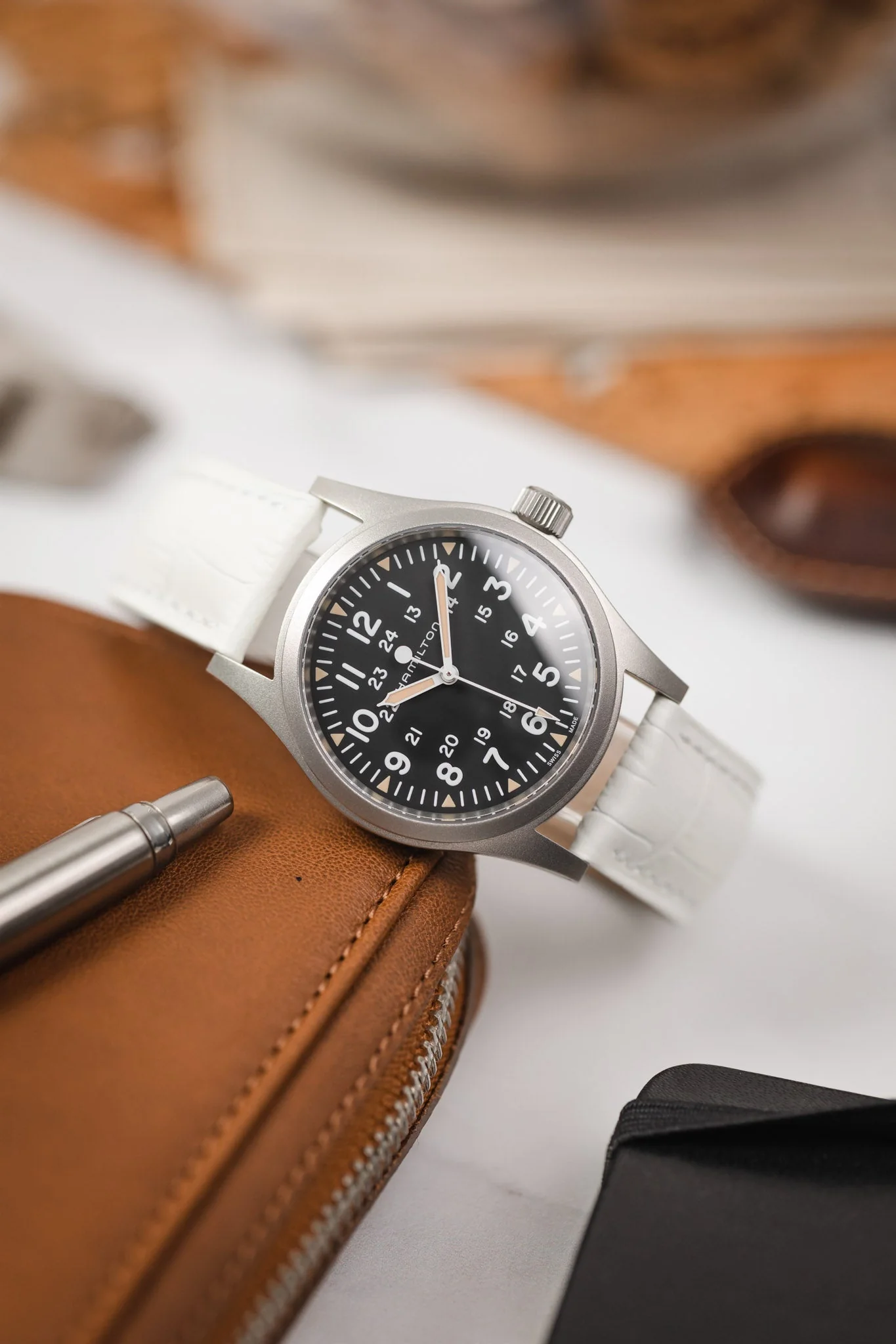 Hirsch DUKE Alligator Embossed Leather Watch Strap in WHITE - Image 4