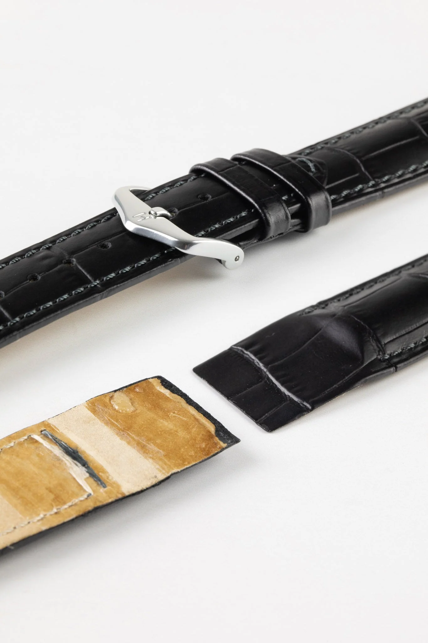 Hirsch DUKE Open Ended Alligator Embossed Leather Watch Strap in BLACK - Image 4