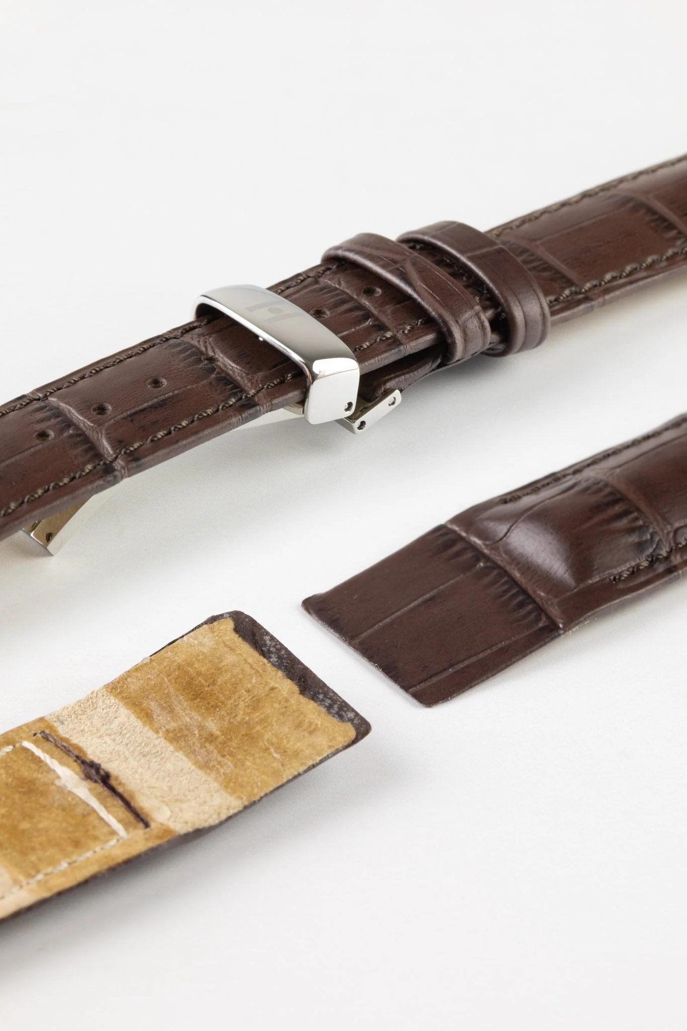 Hirsch DUKE Open Ended Alligator Embossed Leather Watch Strap in BROWN - Image 6