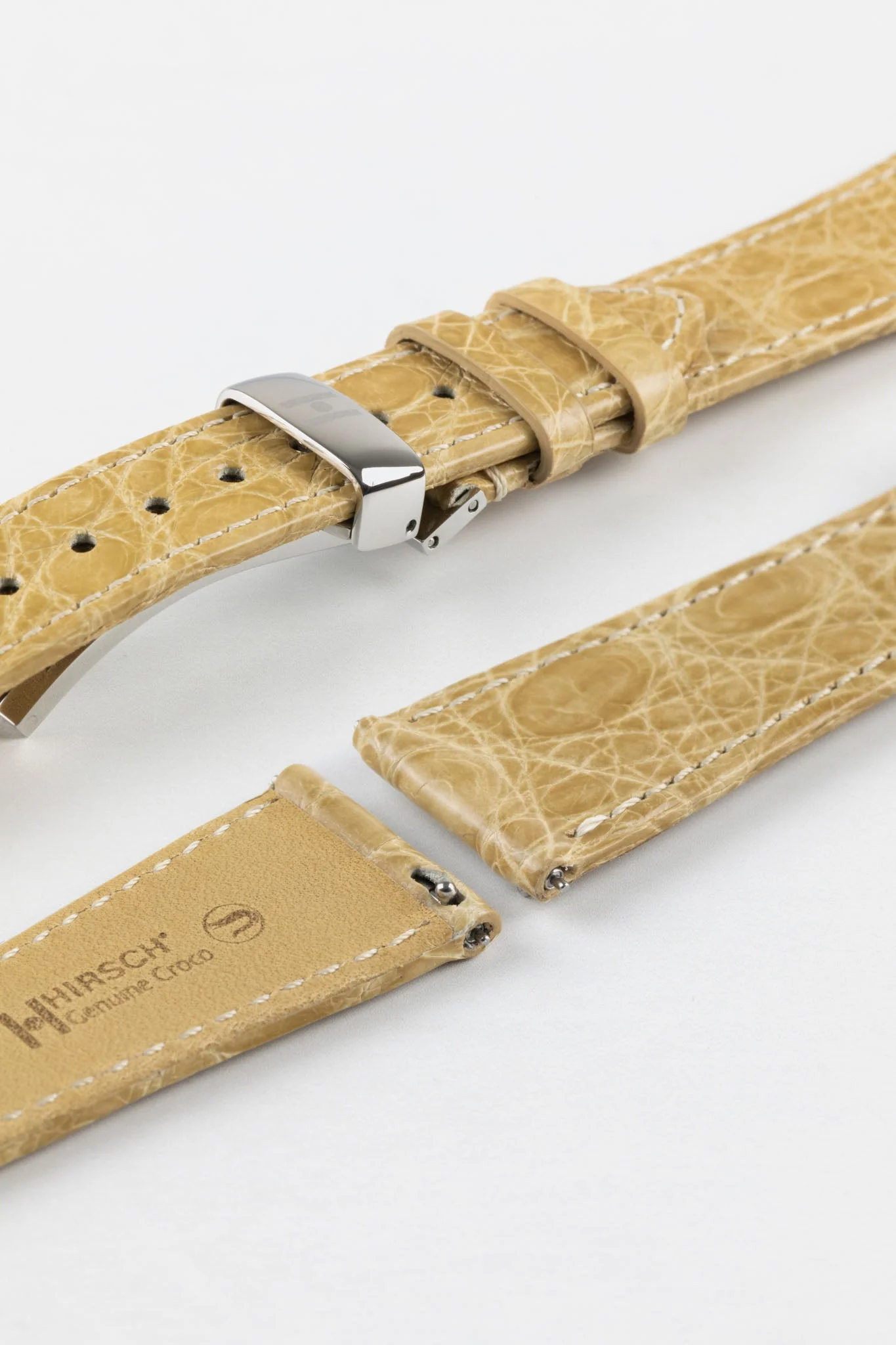 Hirsch GENUINE CROCO Shiny Crocodile Leather Watch Strap in BEIGE - Image 10