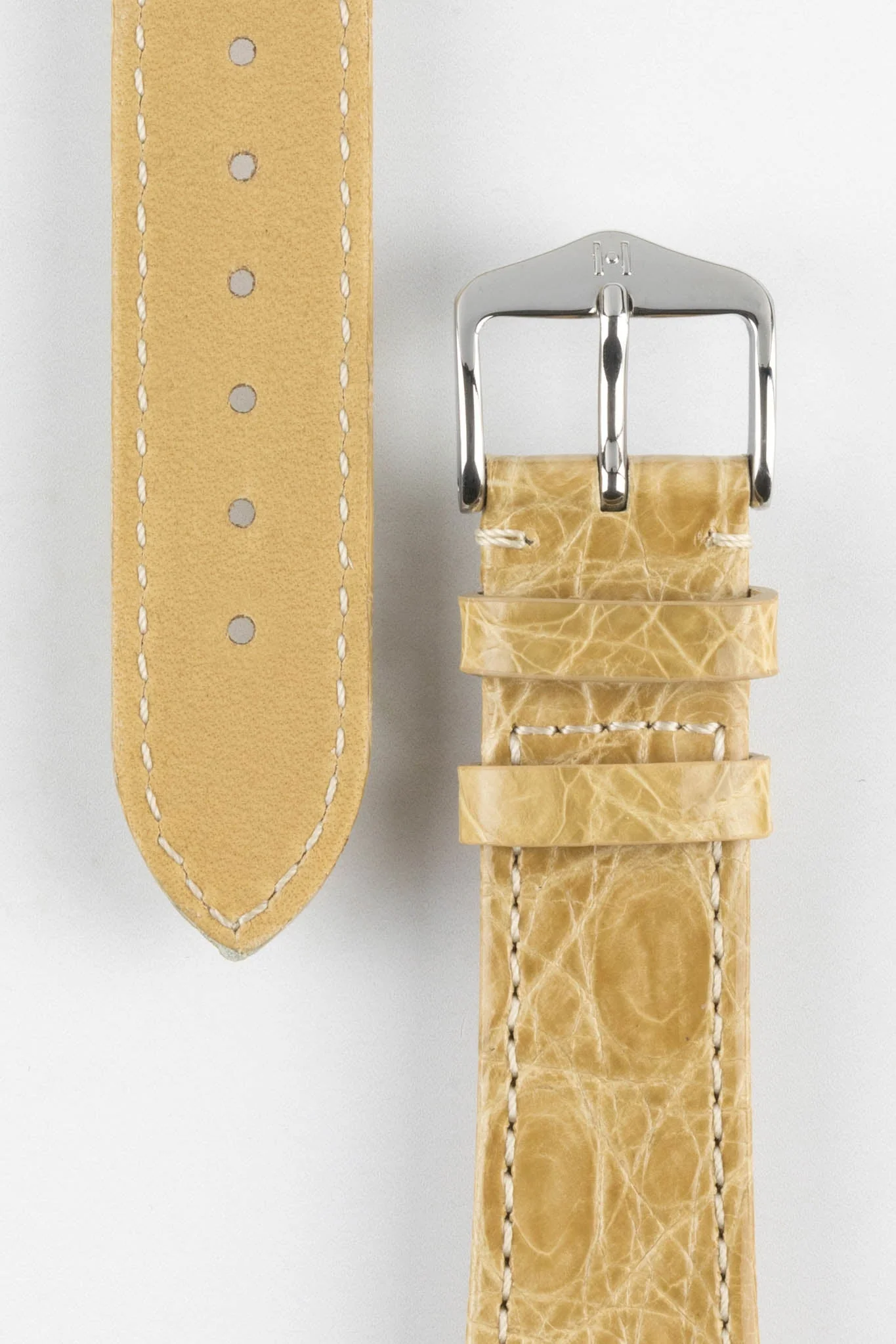 Hirsch GENUINE CROCO Shiny Crocodile Leather Watch Strap in BEIGE - Image 3