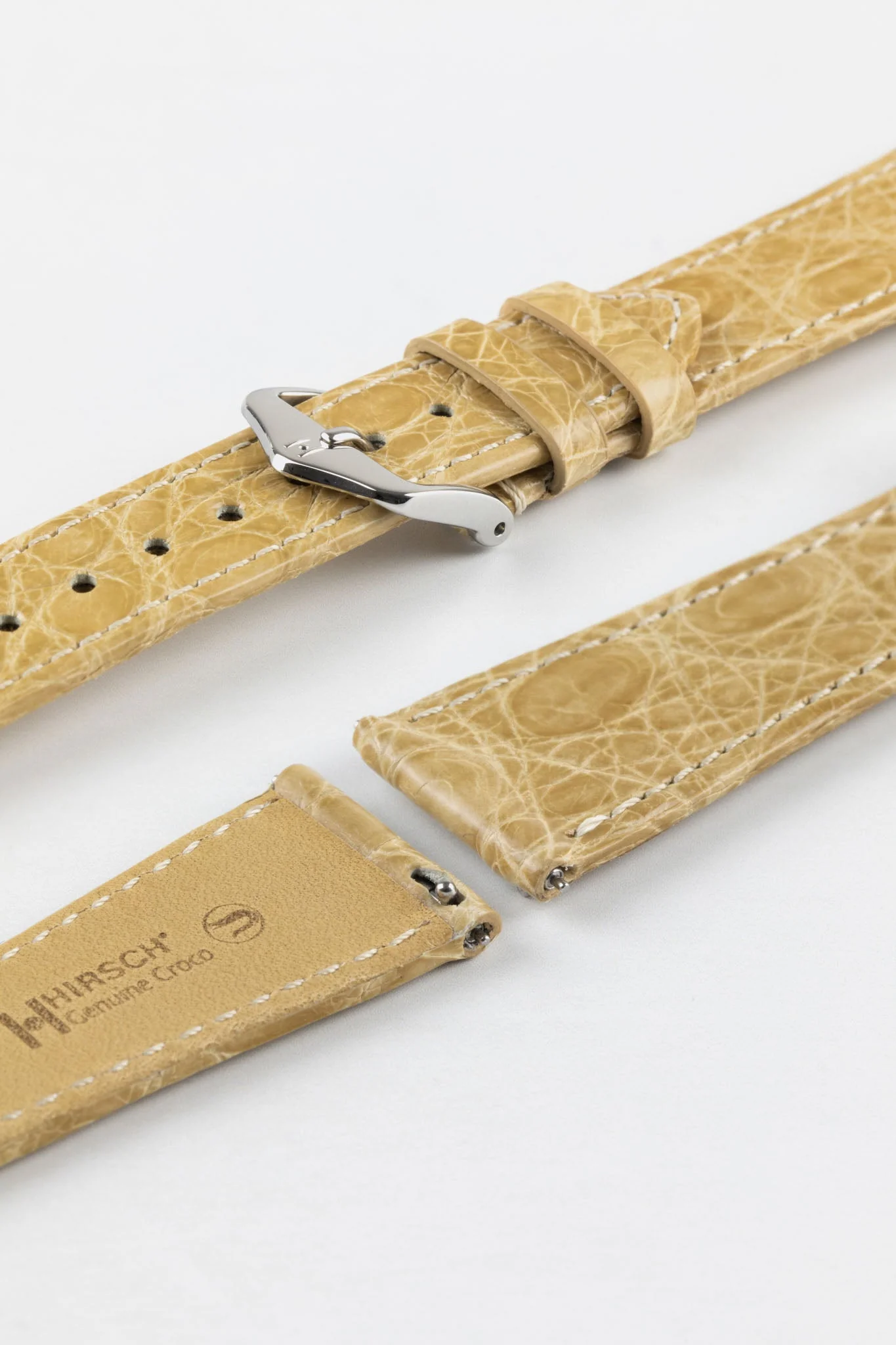 Hirsch GENUINE CROCO Shiny Crocodile Leather Watch Strap in BEIGE - Image 7