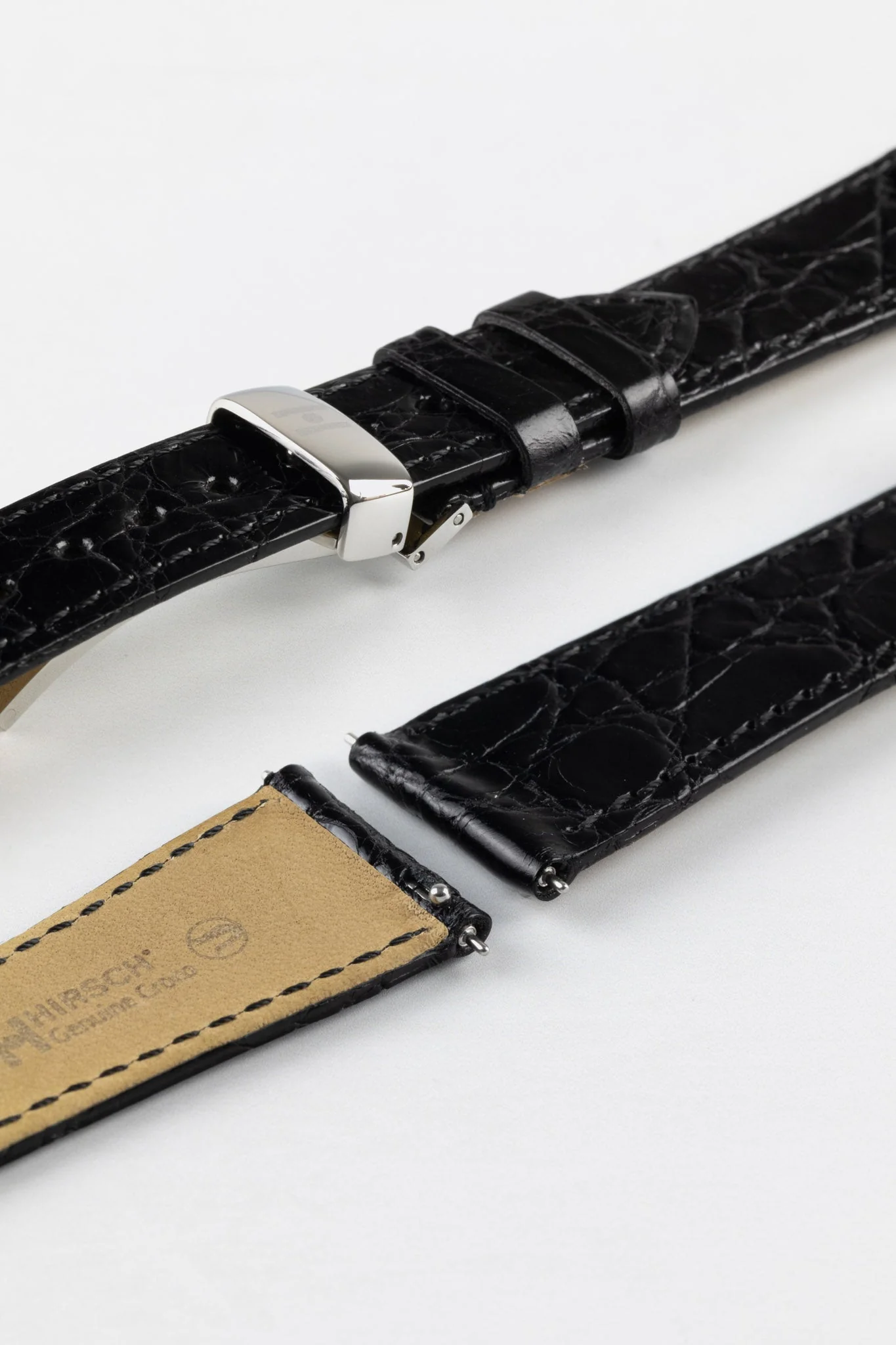 Hirsch GENUINE CROCO Shiny Crocodile Leather Watch Strap in BLACK - Image 10