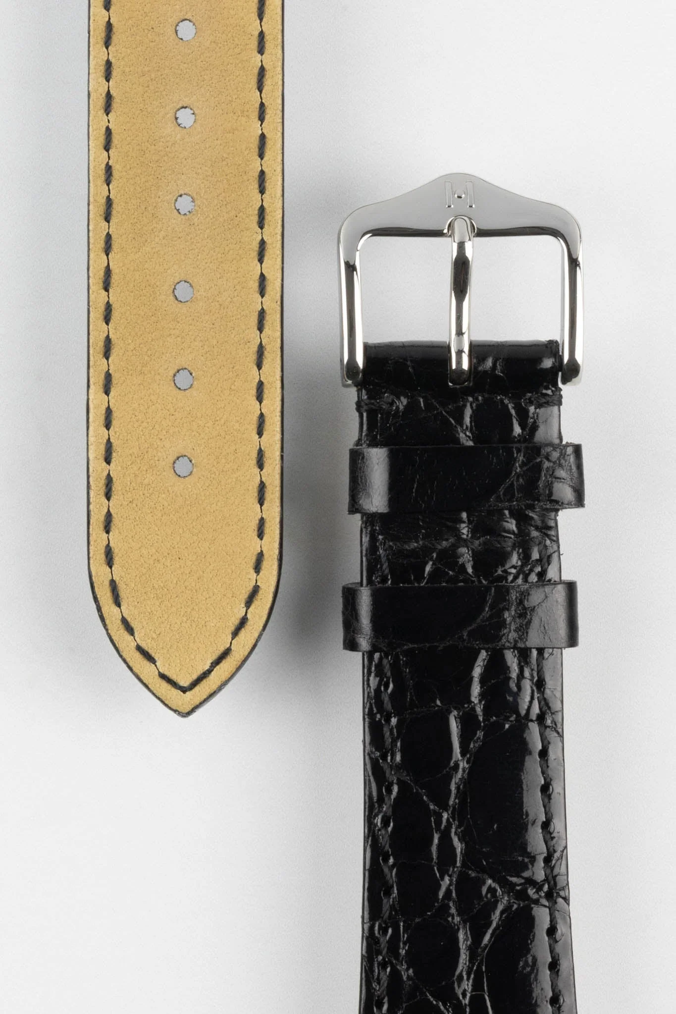 Hirsch GENUINE CROCO Shiny Crocodile Leather Watch Strap in BLACK - Image 3