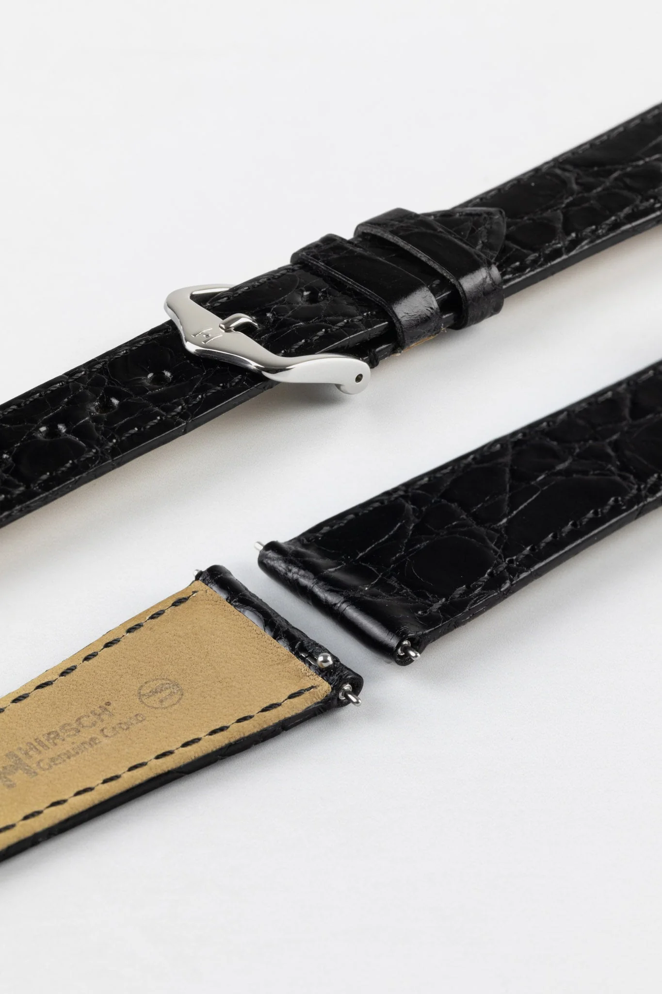 Hirsch GENUINE CROCO Shiny Crocodile Leather Watch Strap in BLACK - Image 7