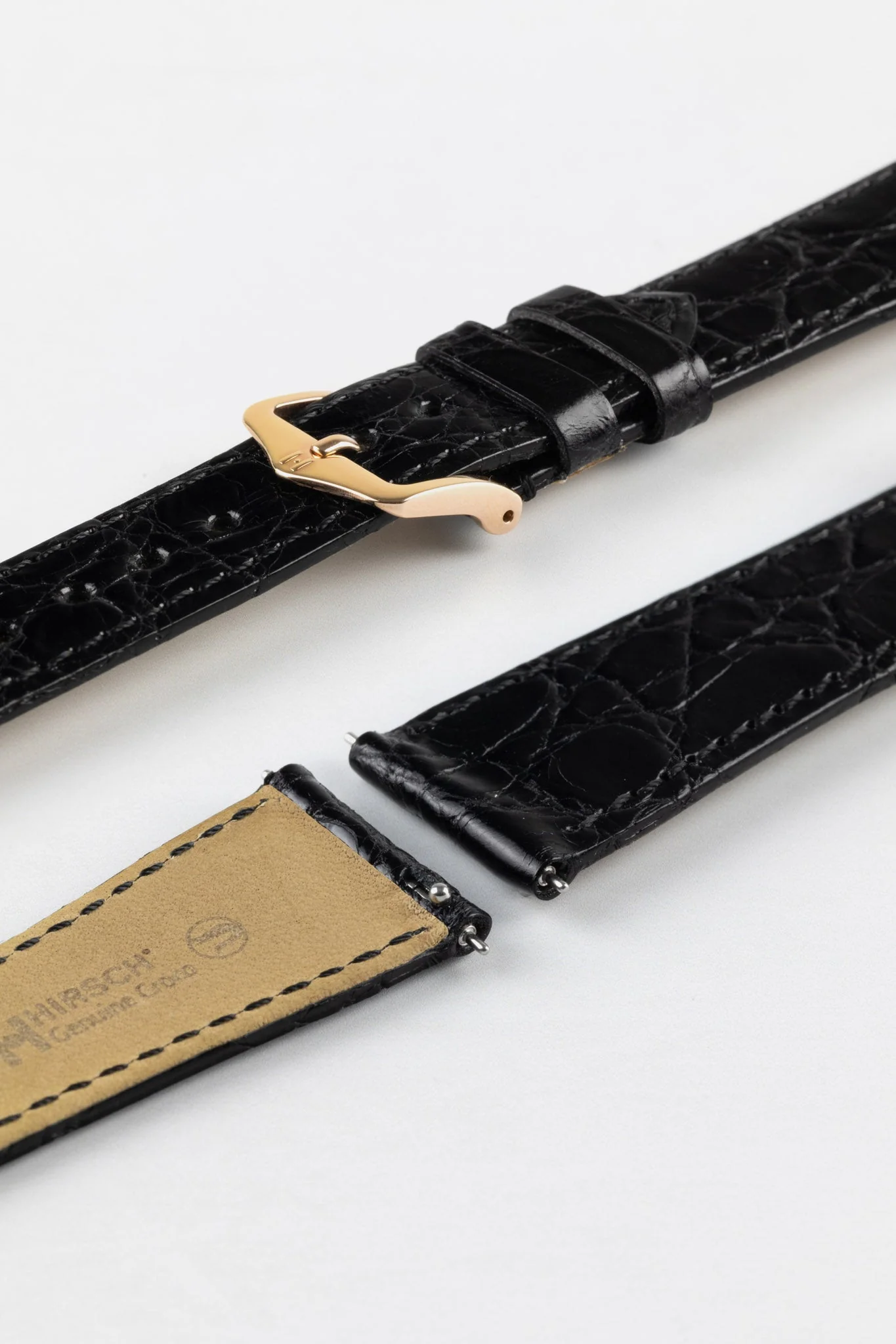 Hirsch GENUINE CROCO Shiny Crocodile Leather Watch Strap in BLACK - Image 9