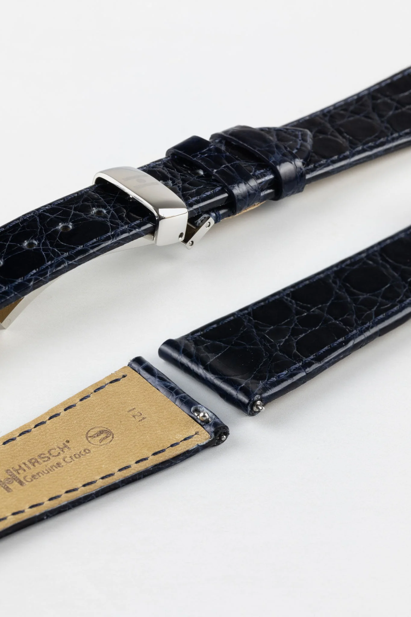 Hirsch GENUINE CROCO Shiny Crocodile Leather Watch Strap in BLUE - Image 10