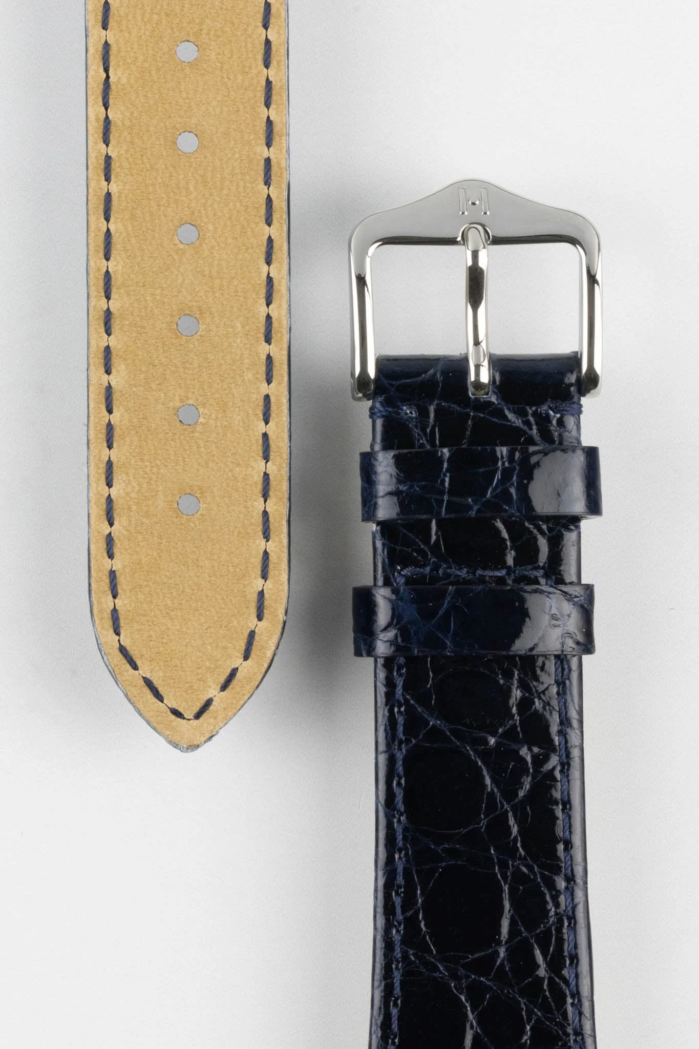 Hirsch GENUINE CROCO Shiny Crocodile Leather Watch Strap in BLUE - Image 3