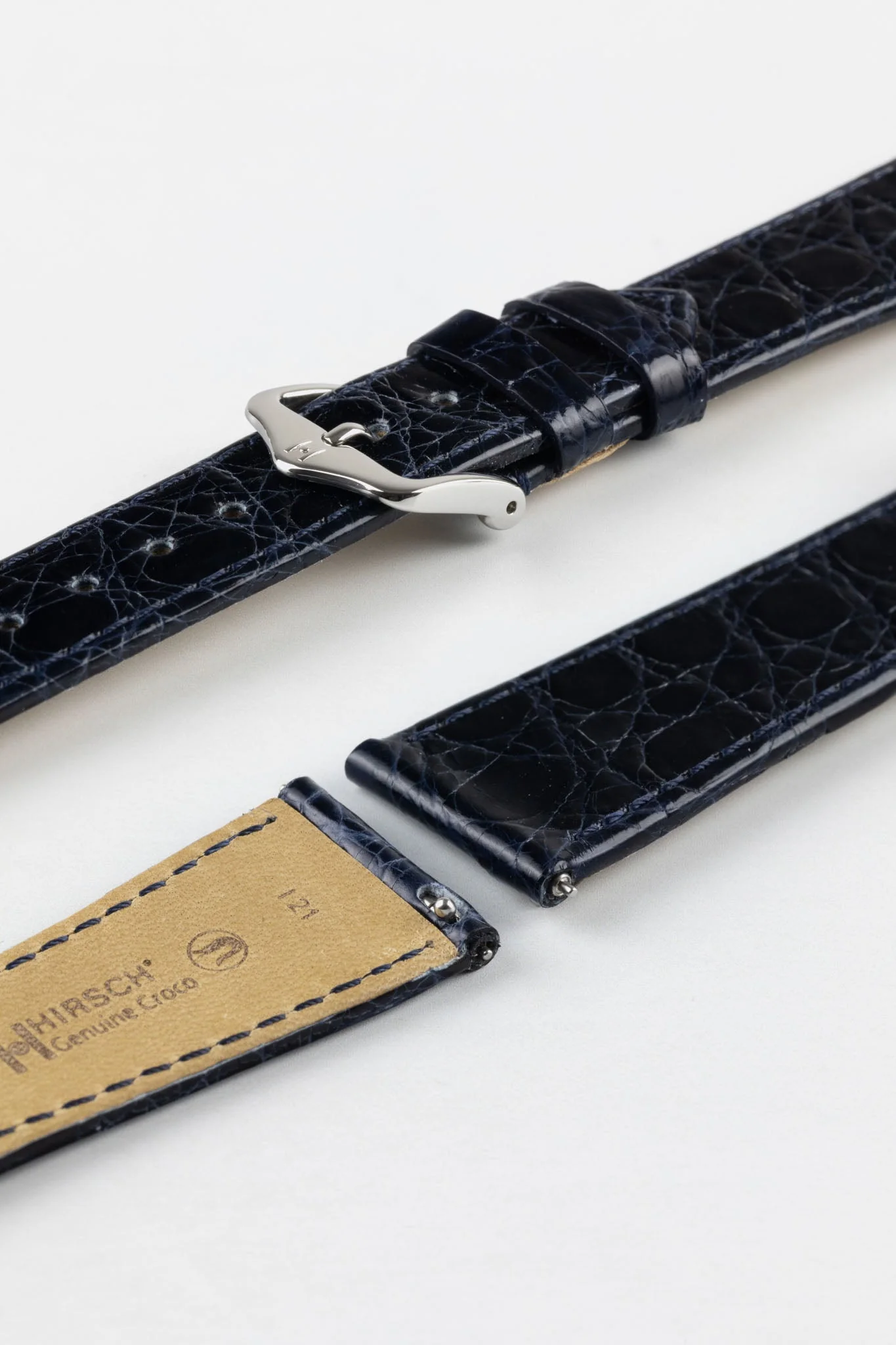 Hirsch GENUINE CROCO Shiny Crocodile Leather Watch Strap in BLUE - Image 7