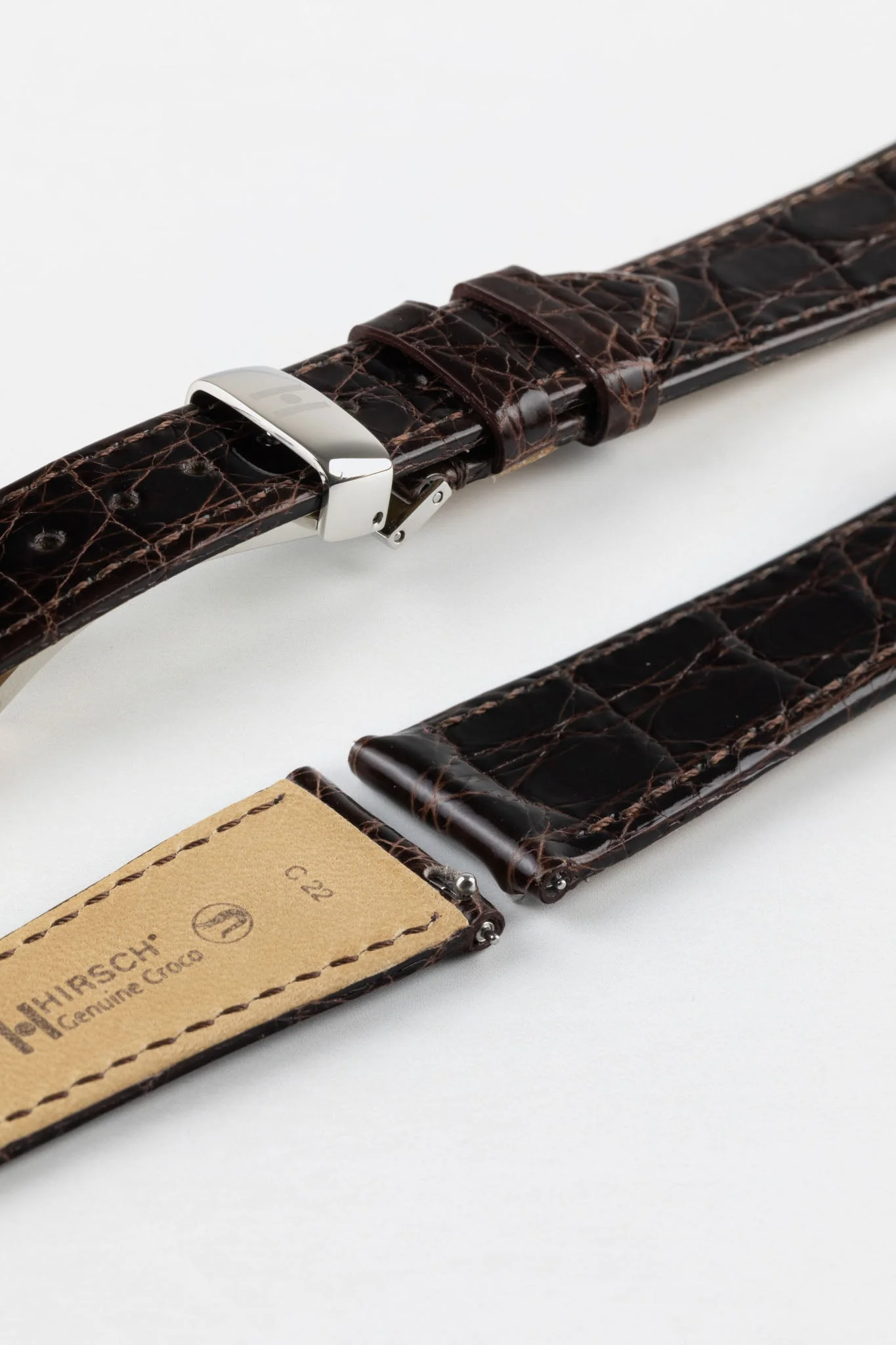 Hirsch GENUINE CROCO Shiny Crocodile Leather Watch Strap in BROWN - Image 10