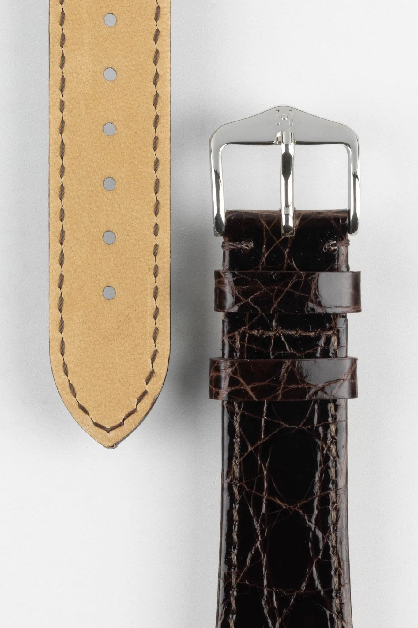 Hirsch GENUINE CROCO Shiny Crocodile Leather Watch Strap in BROWN - Image 3