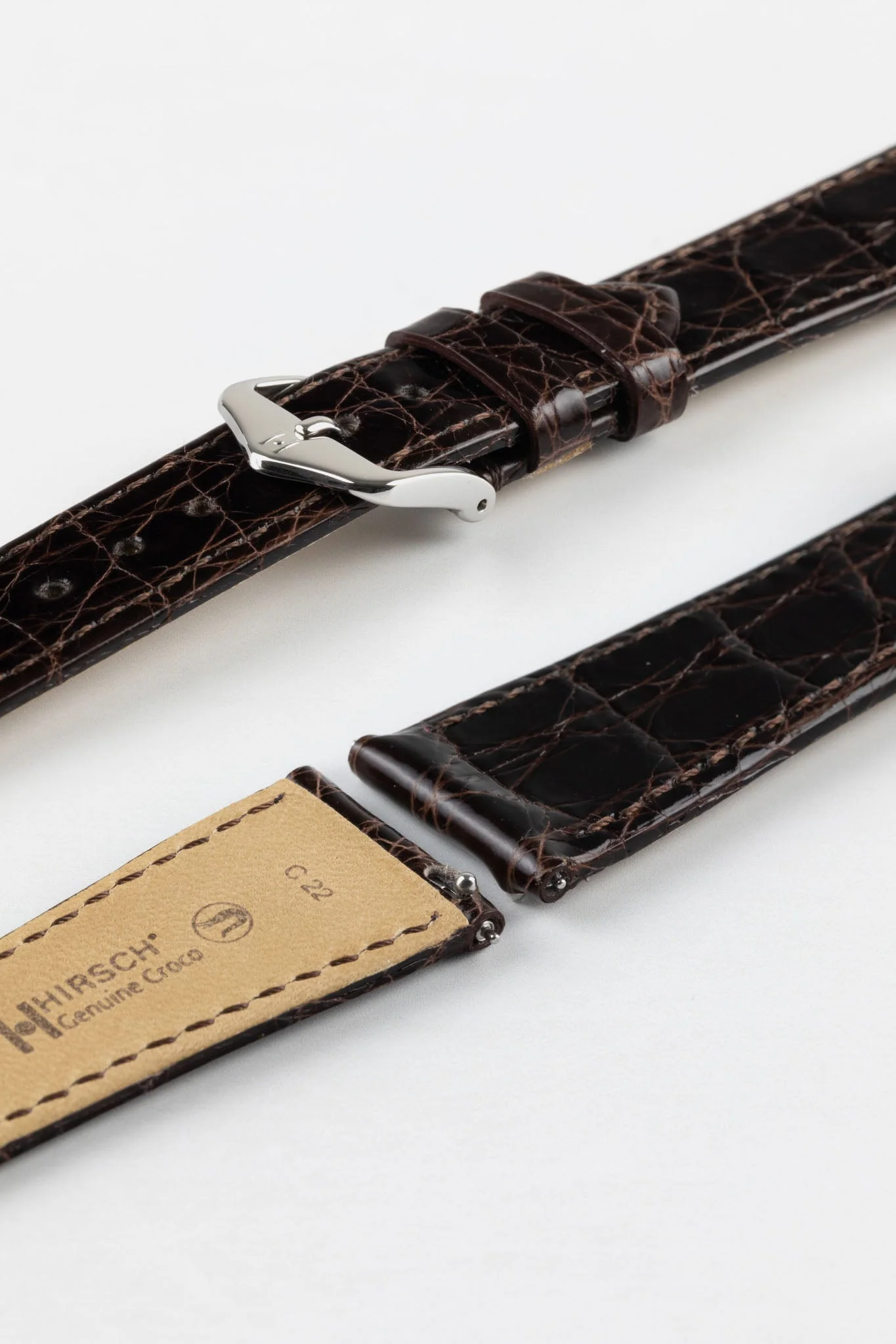 Hirsch GENUINE CROCO Shiny Crocodile Leather Watch Strap in BROWN - Image 7