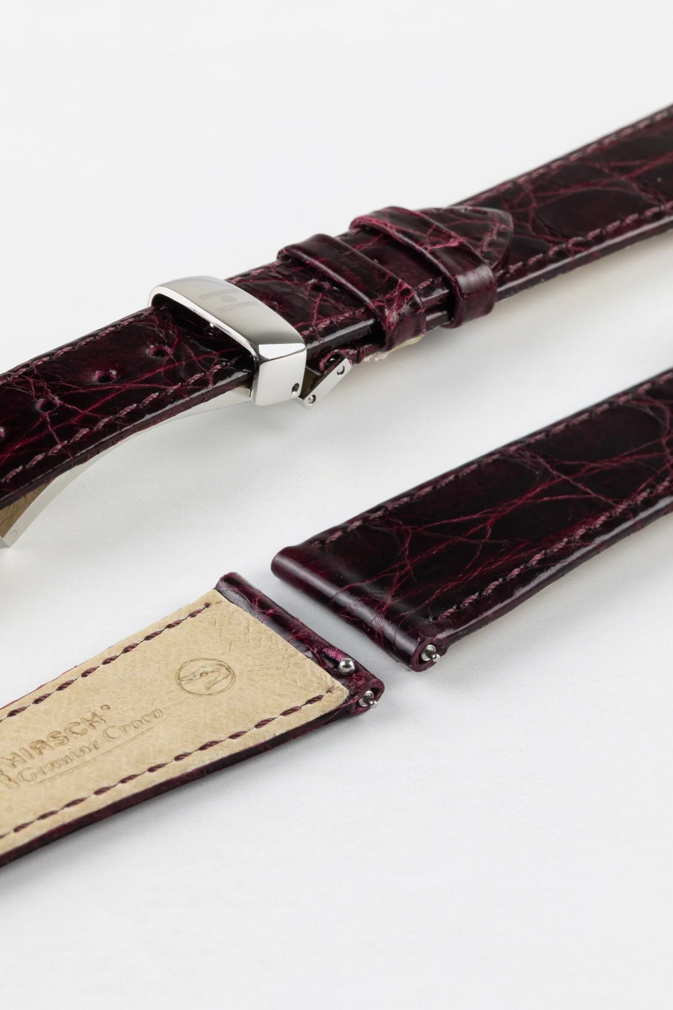 Hirsch GENUINE CROCO Shiny Crocodile Leather Watch Strap in BURGUNDY - Image 10