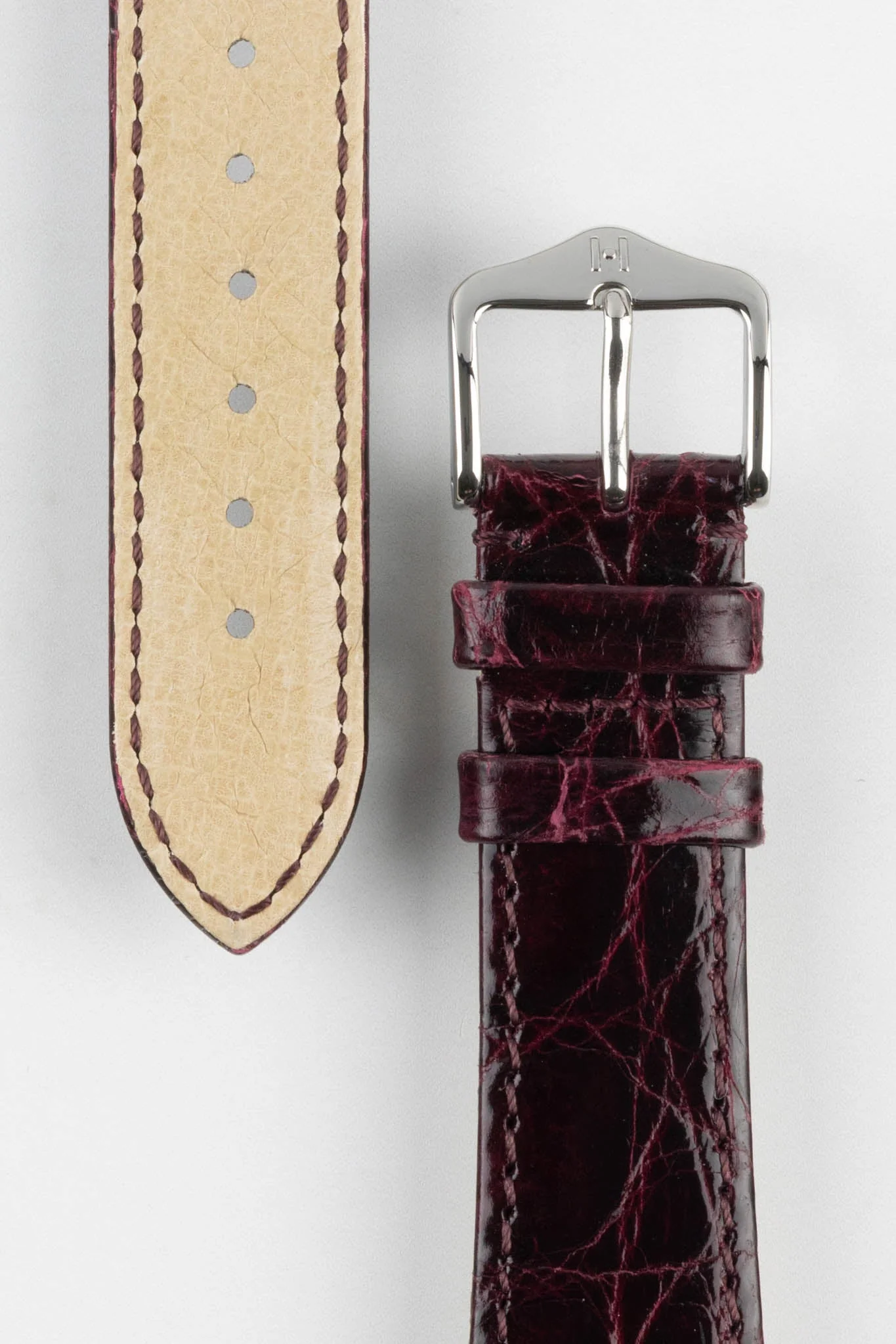 Hirsch GENUINE CROCO Shiny Crocodile Leather Watch Strap in BURGUNDY - Image 3