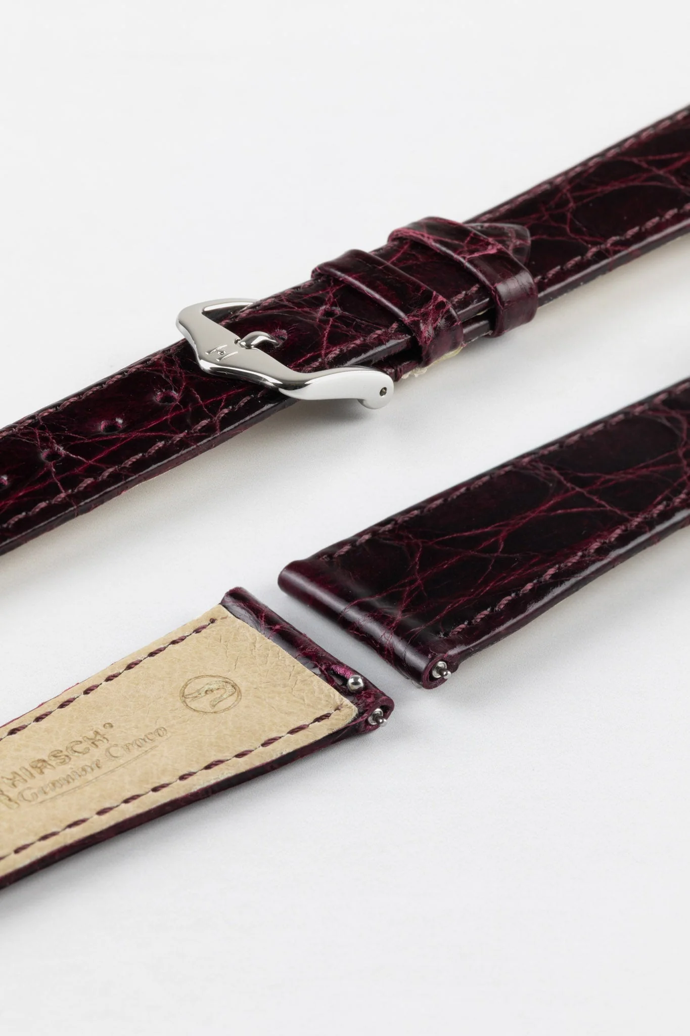 Hirsch GENUINE CROCO Shiny Crocodile Leather Watch Strap in BURGUNDY - Image 7
