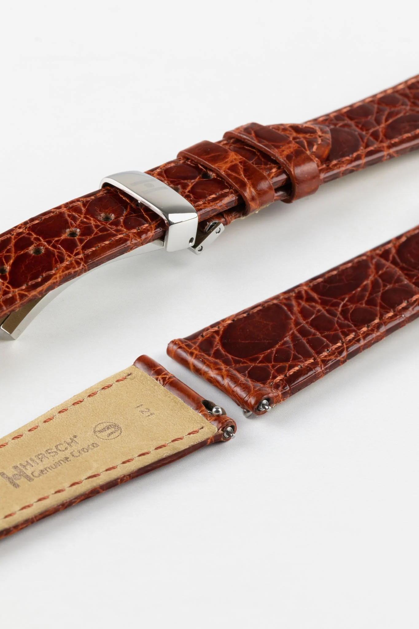 Hirsch GENUINE CROCO Shiny Crocodile Leather Watch Strap in GOLD BROWN - Image 10