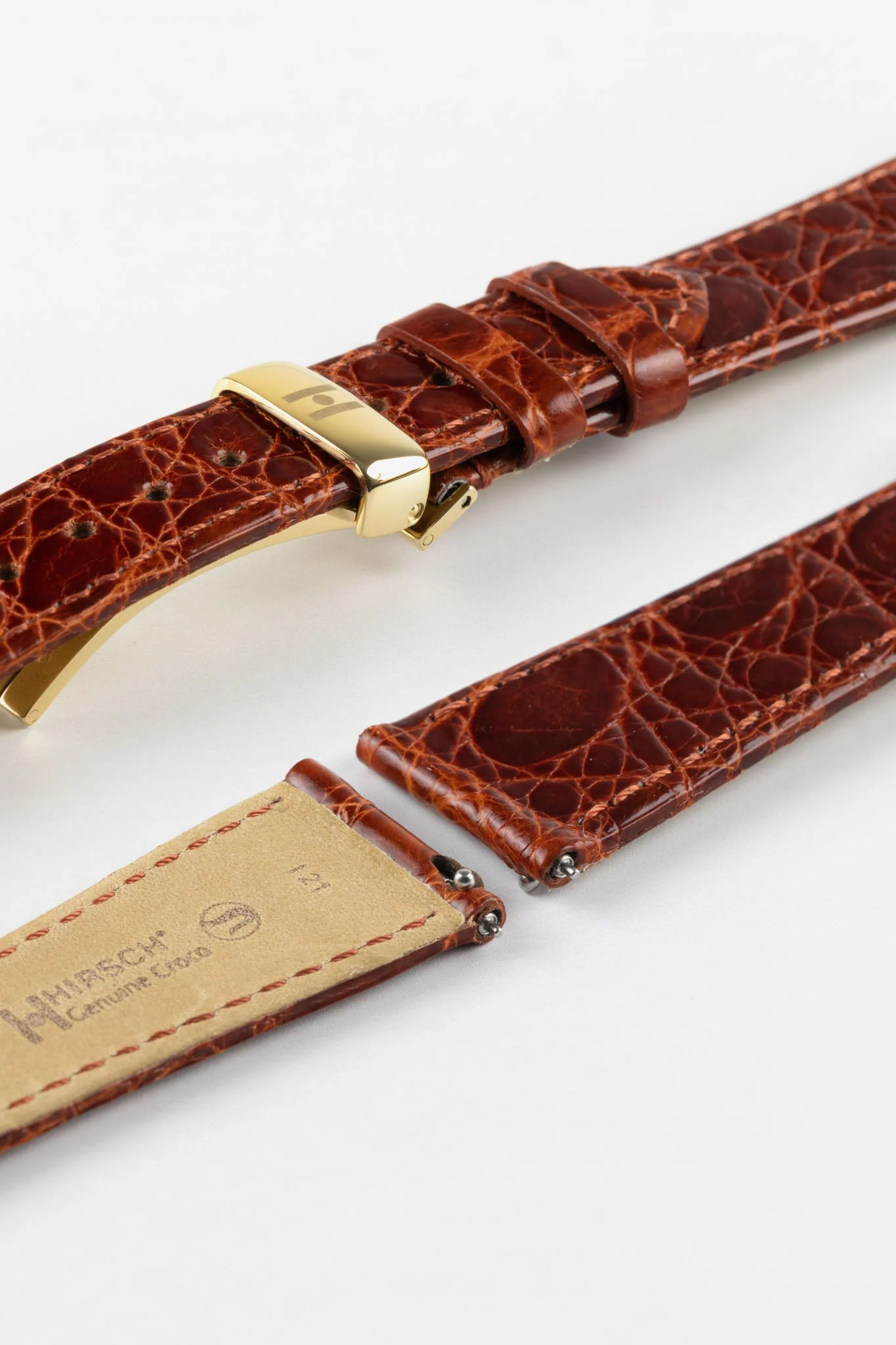 Hirsch GENUINE CROCO Shiny Crocodile Leather Watch Strap in GOLD BROWN - Image 11