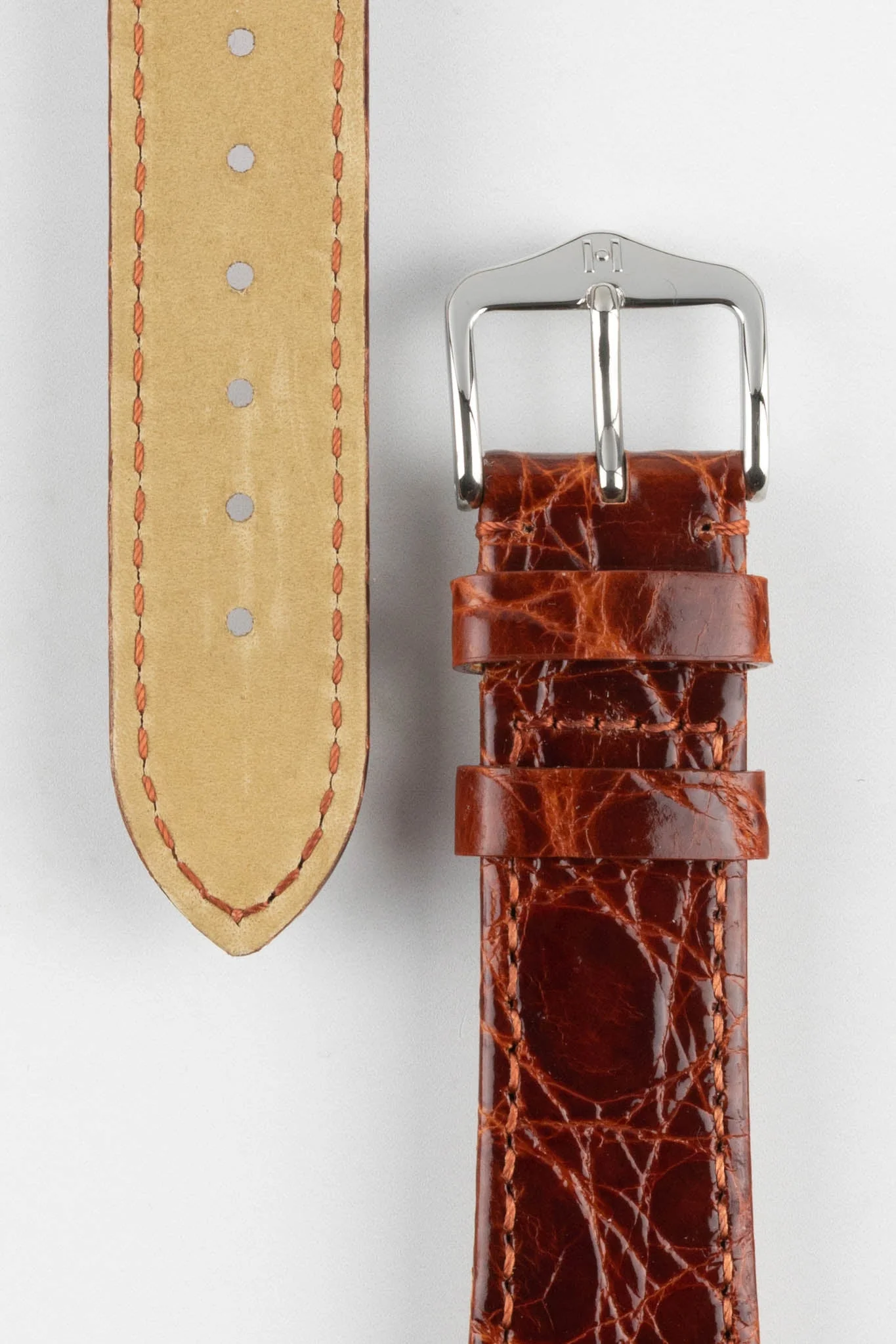 Hirsch GENUINE CROCO Shiny Crocodile Leather Watch Strap in GOLD BROWN - Image 3