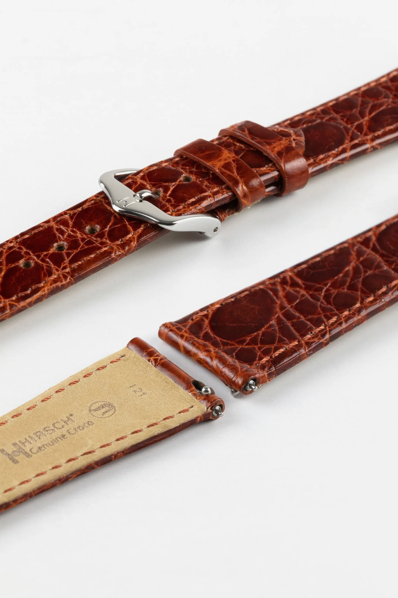 Hirsch GENUINE CROCO Shiny Crocodile Leather Watch Strap in GOLD BROWN - Image 7
