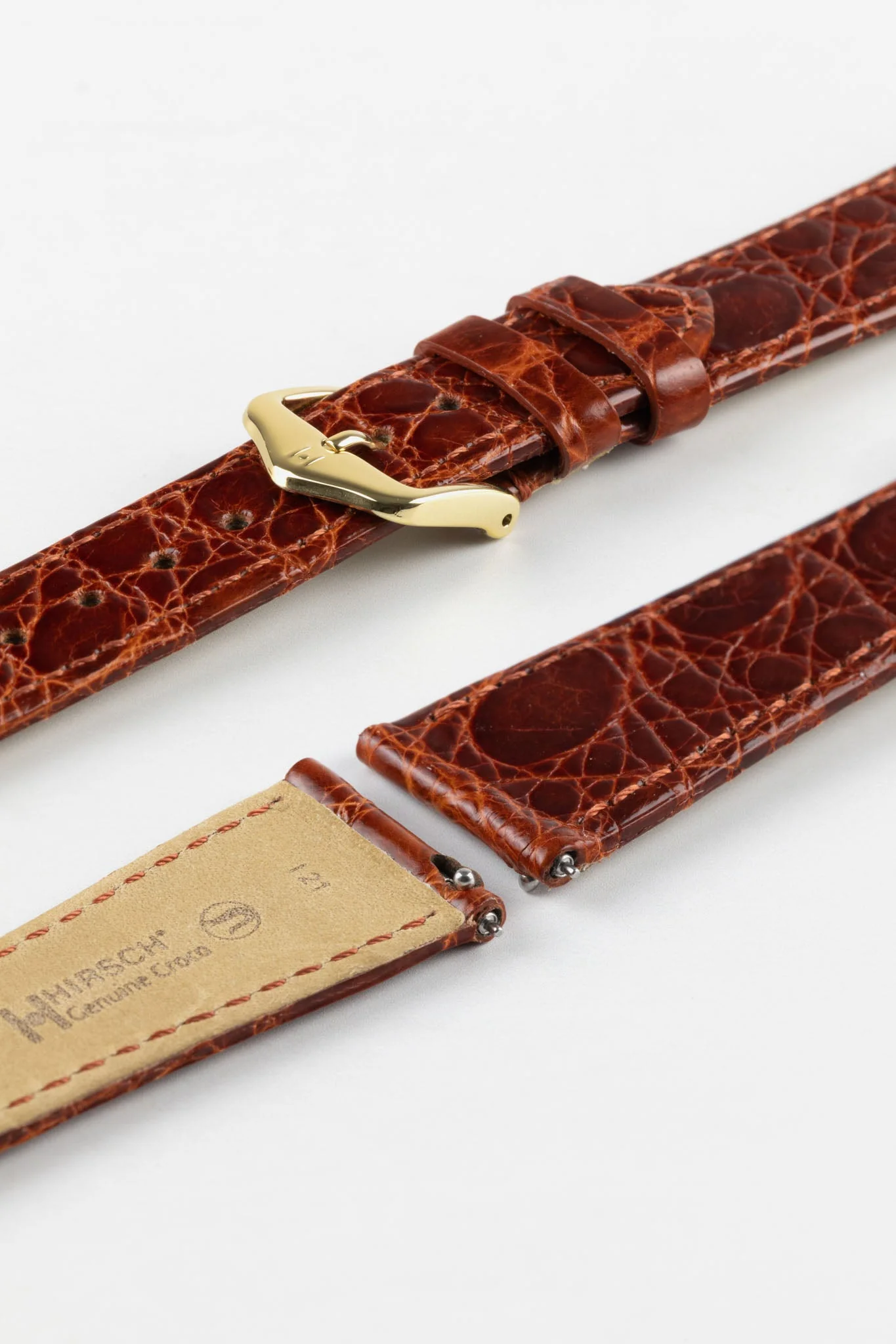 Hirsch GENUINE CROCO Shiny Crocodile Leather Watch Strap in GOLD BROWN - Image 8