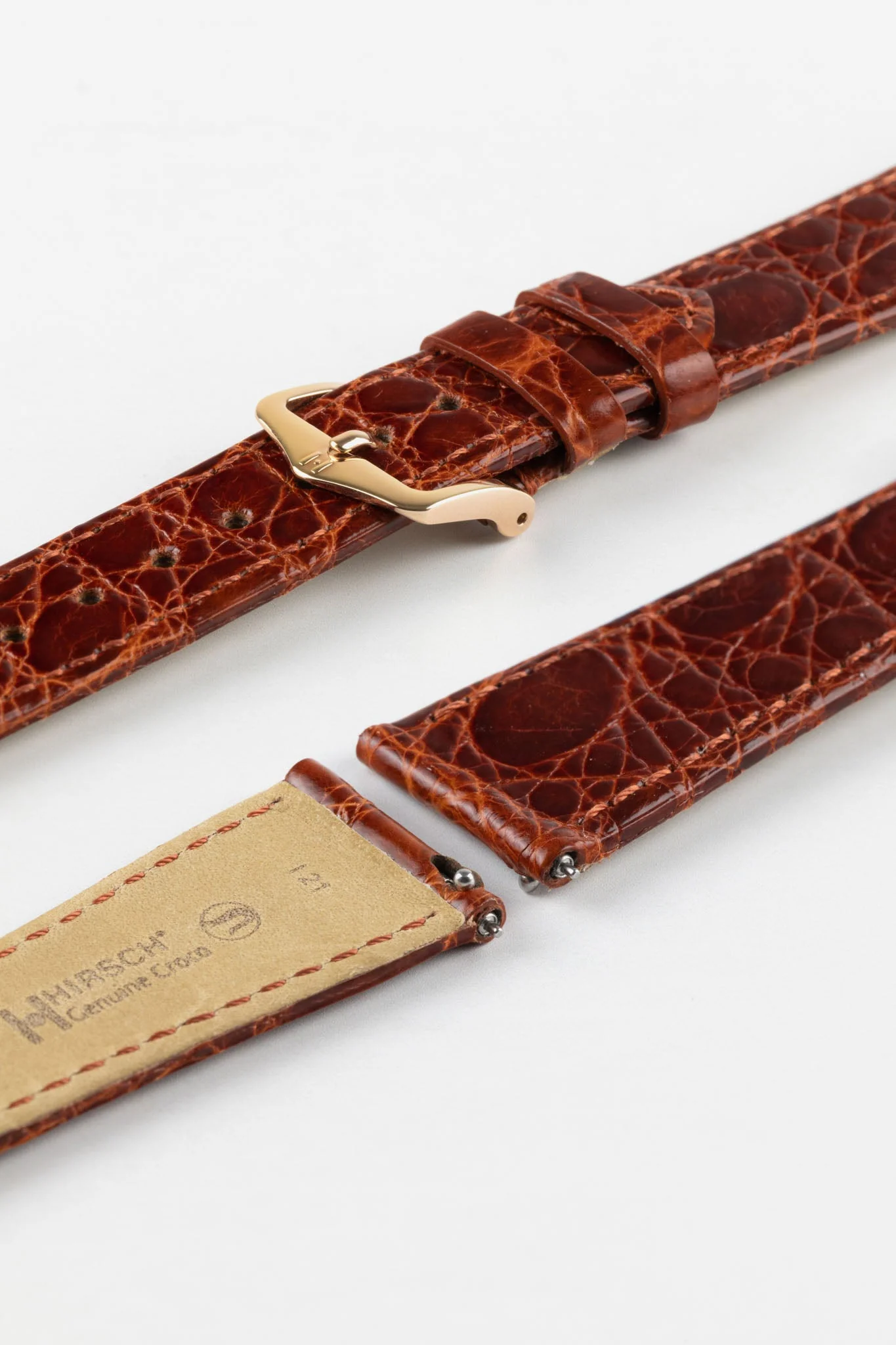 Hirsch GENUINE CROCO Shiny Crocodile Leather Watch Strap in GOLD BROWN - Image 9