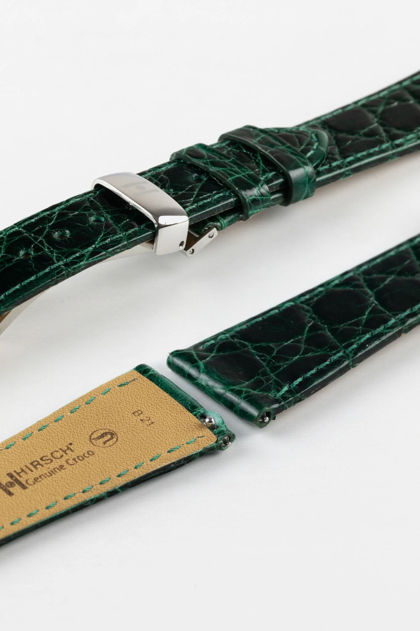 Hirsch GENUINE CROCO Shiny Crocodile Leather Watch Strap in GREEN - Image 10