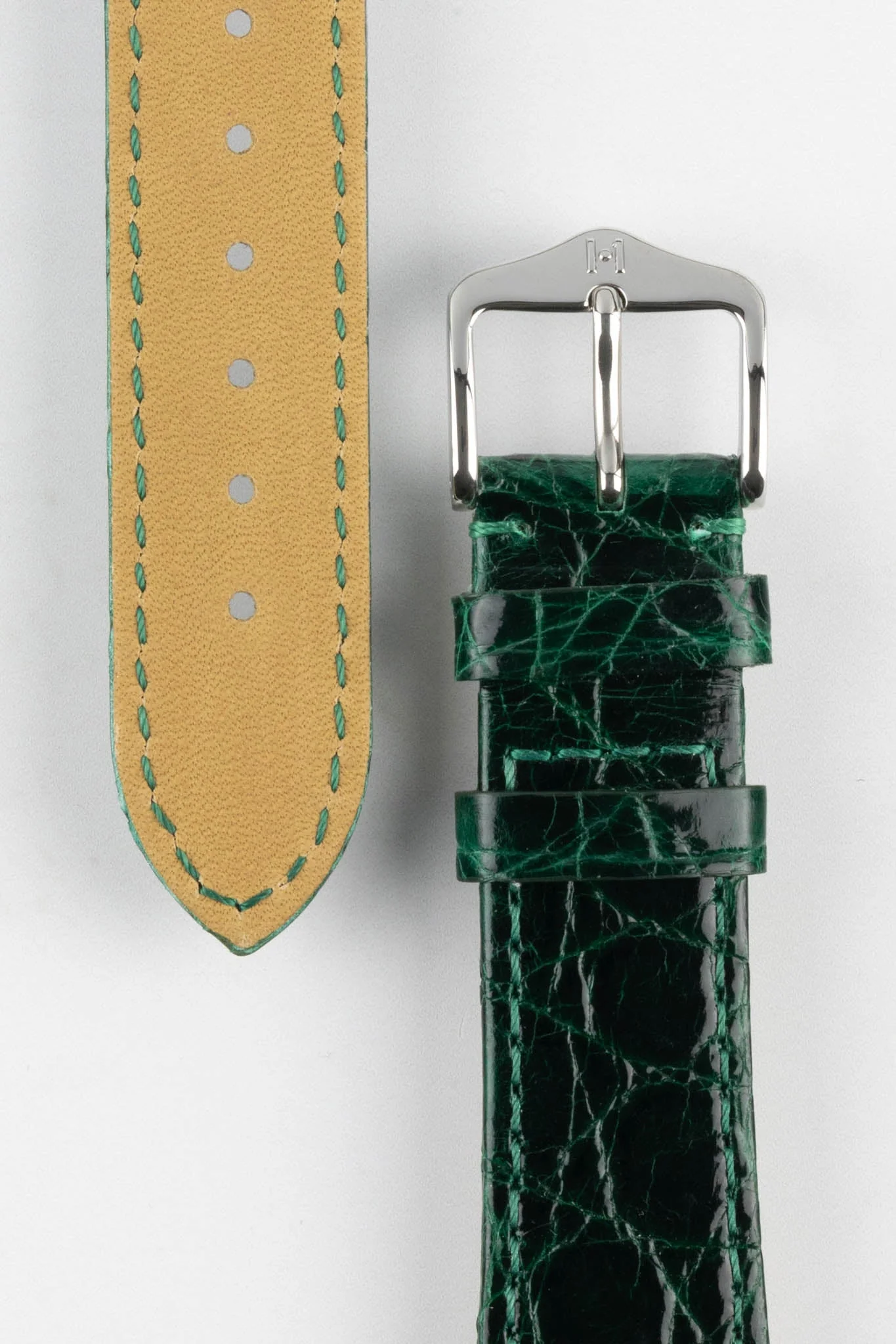 Hirsch GENUINE CROCO Shiny Crocodile Leather Watch Strap in GREEN - Image 3