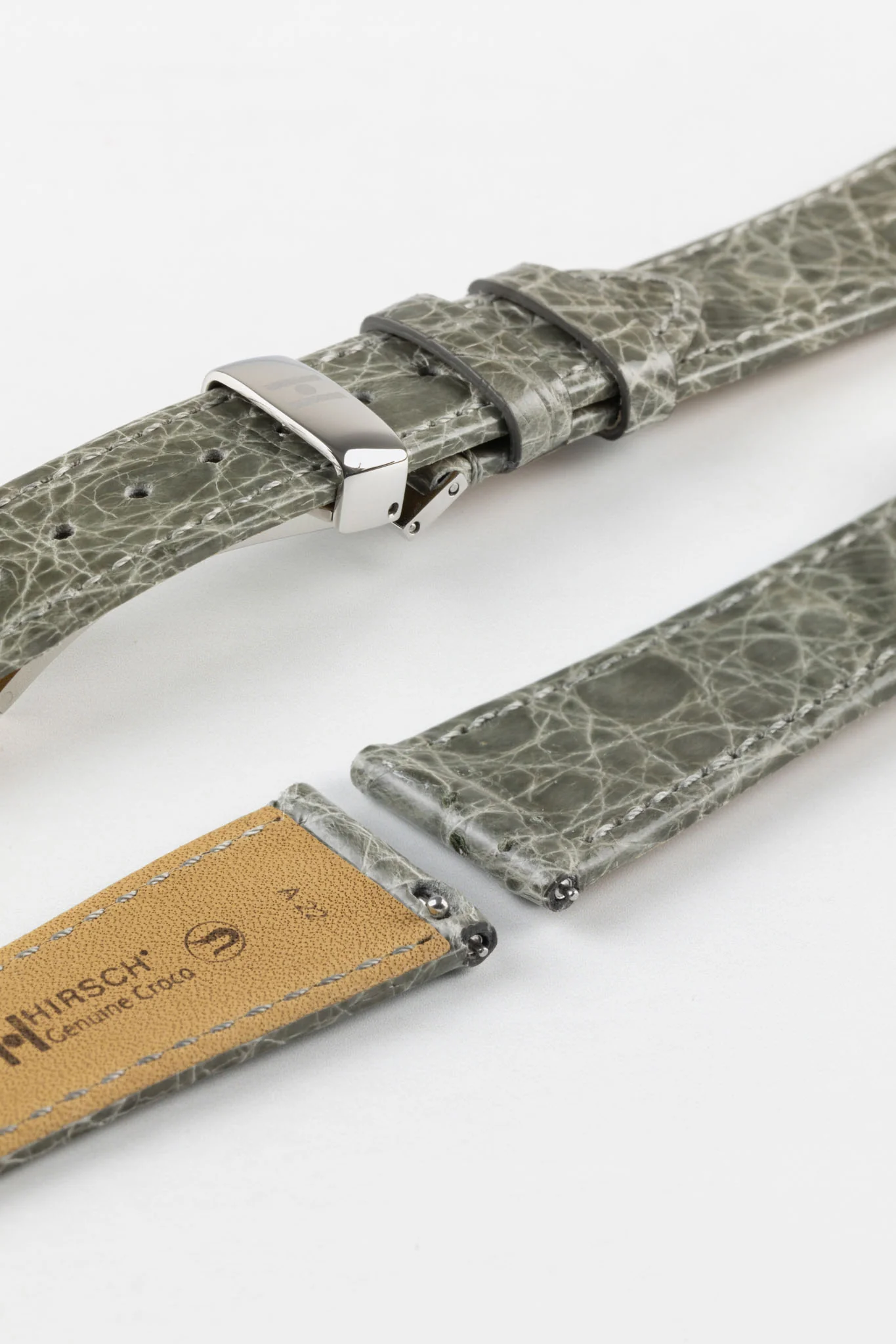 Hirsch GENUINE CROCO Shiny Crocodile Leather Watch Strap in GREY - Image 10