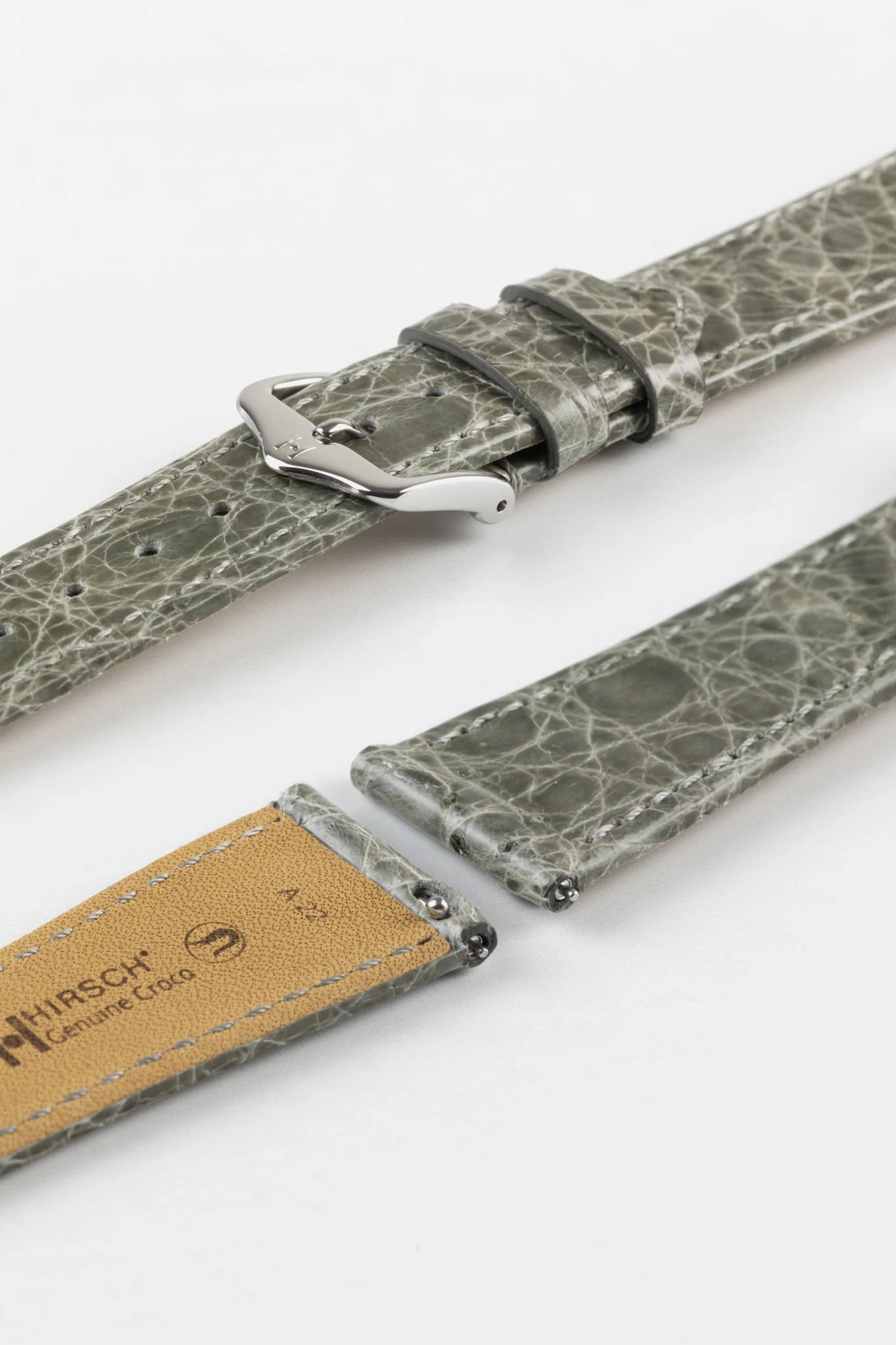 Hirsch GENUINE CROCO Shiny Crocodile Leather Watch Strap in GREY - Image 7