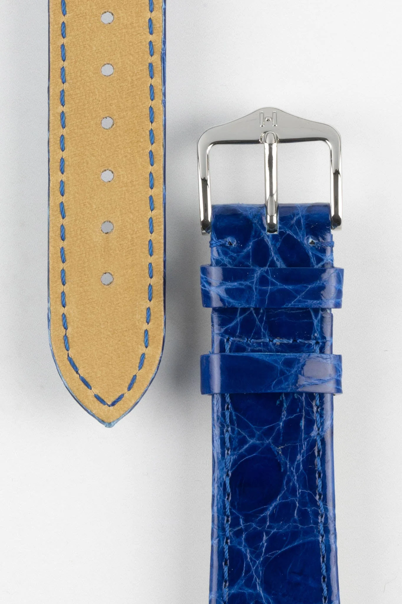 Hirsch GENUINE CROCO Shiny Crocodile Leather Watch Strap in ROYAL BLUE - Image 3
