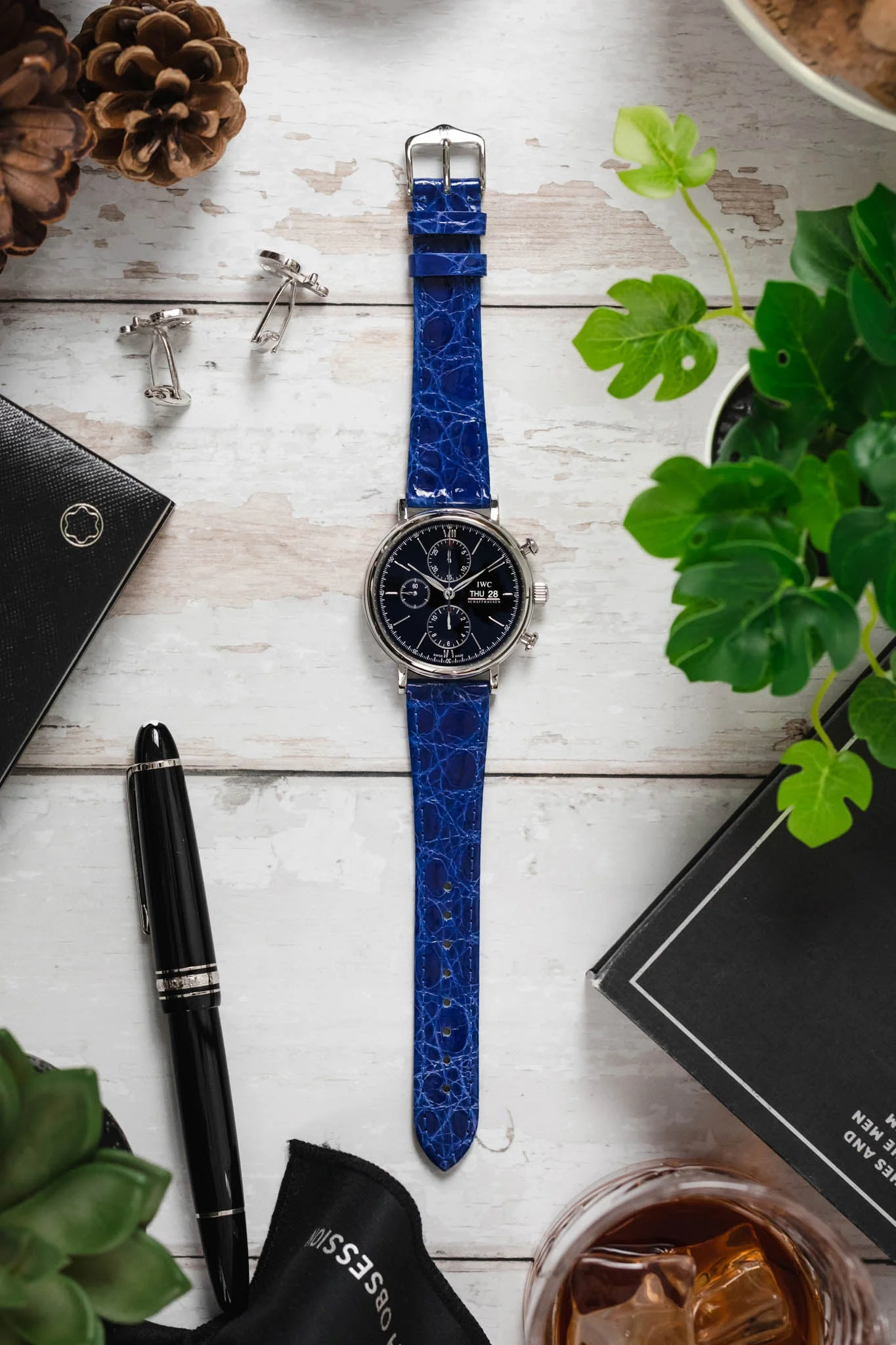 Hirsch GENUINE CROCO Shiny Crocodile Leather Watch Strap in ROYAL BLUE - Image 6