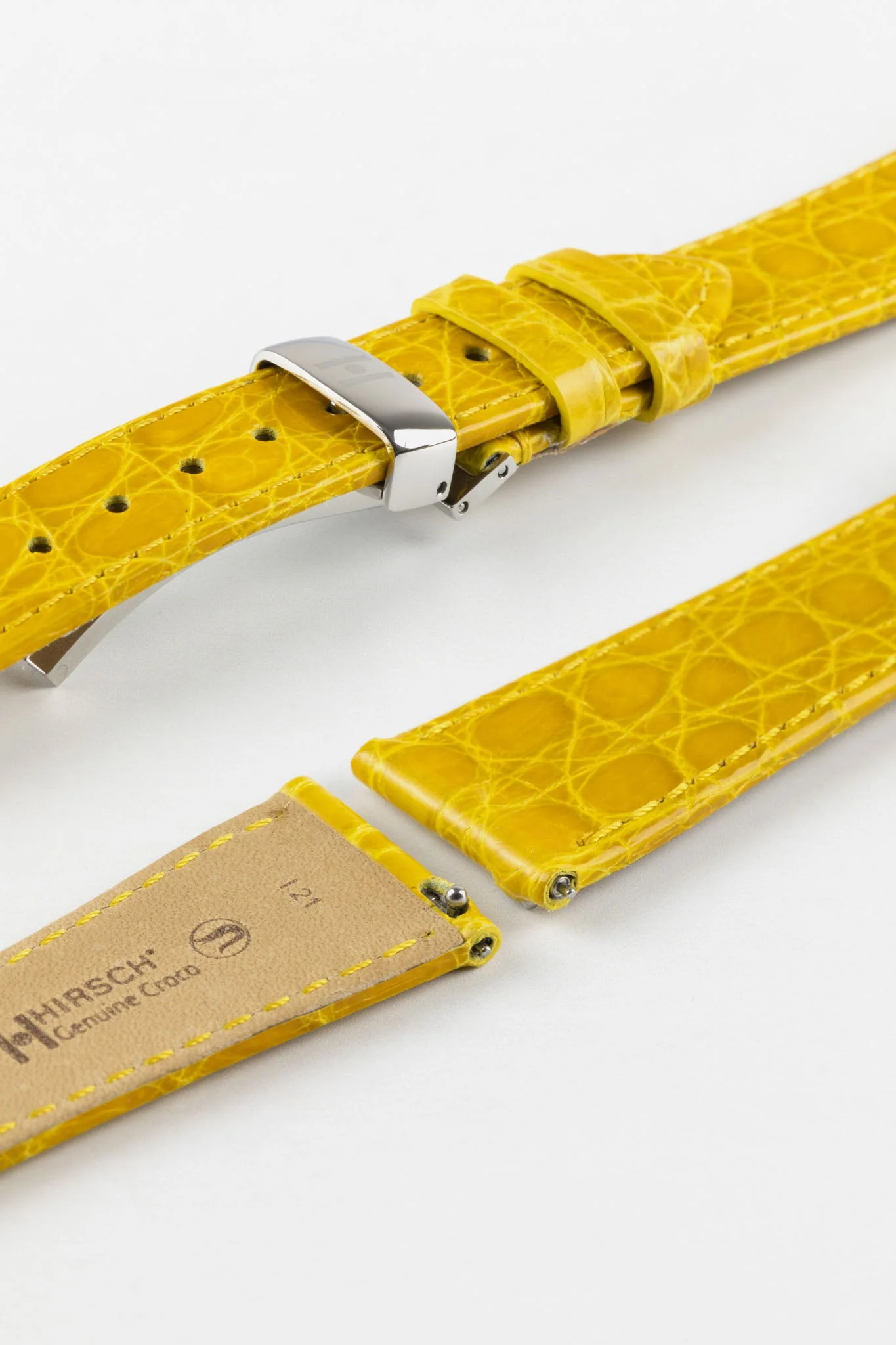 Hirsch GENUINE CROCO Shiny Crocodile Leather Watch Strap in YELLOW - Image 10