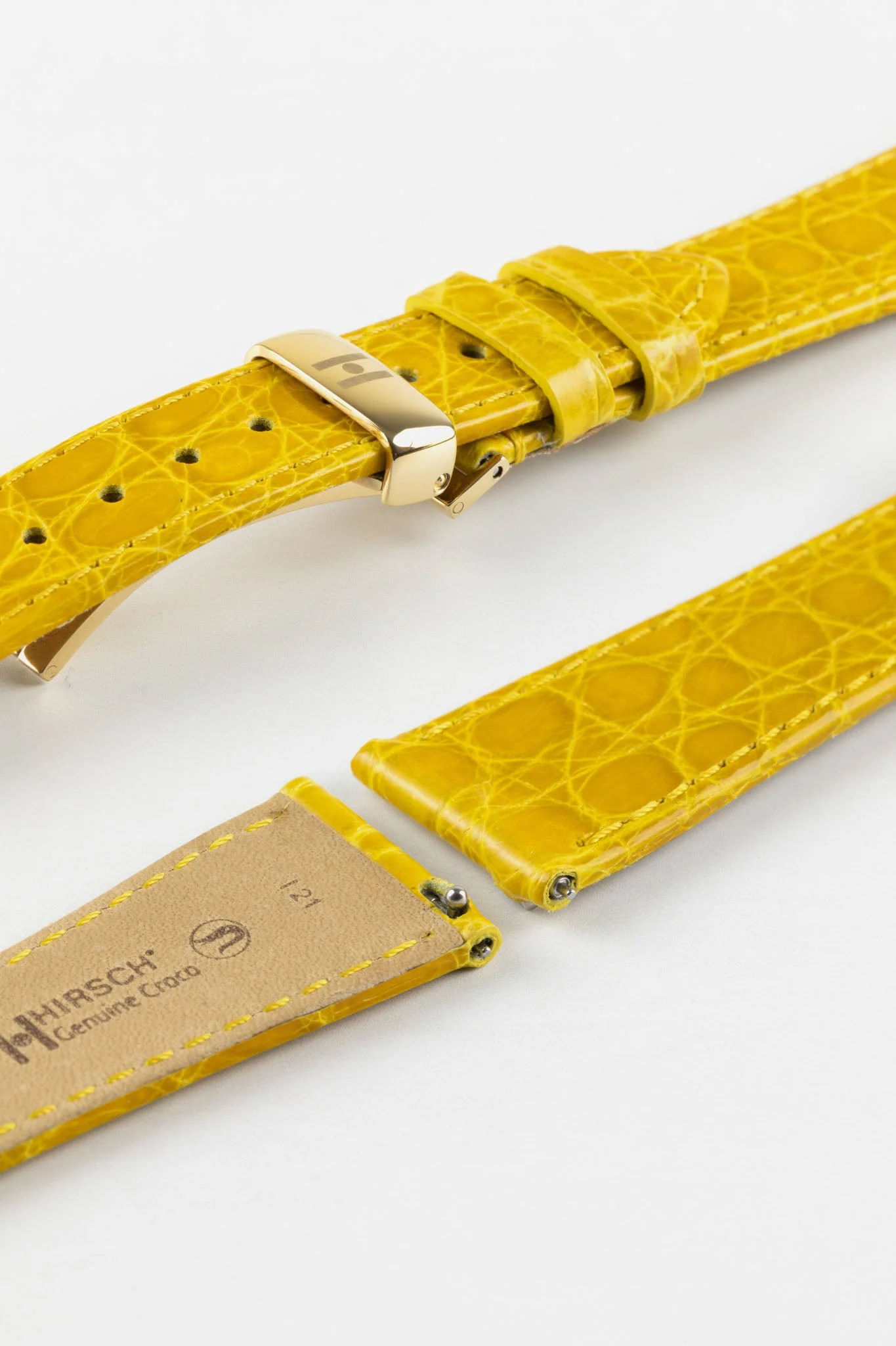 Hirsch GENUINE CROCO Shiny Crocodile Leather Watch Strap in YELLOW - Image 11