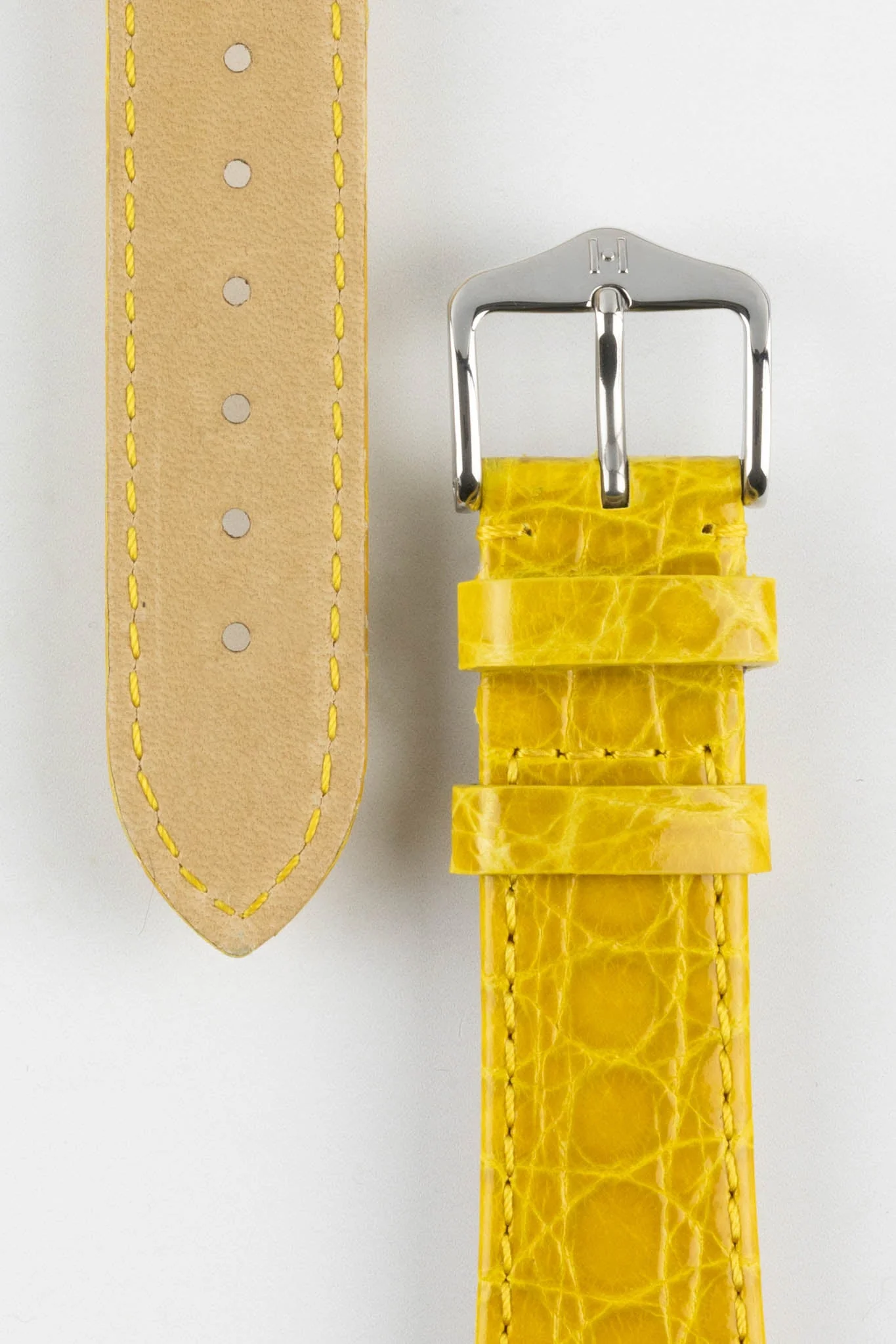 Hirsch GENUINE CROCO Shiny Crocodile Leather Watch Strap in YELLOW - Image 3